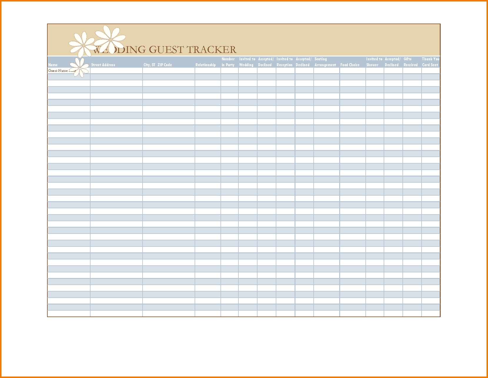 Event Guest List Template Excel Calendar Template Printable