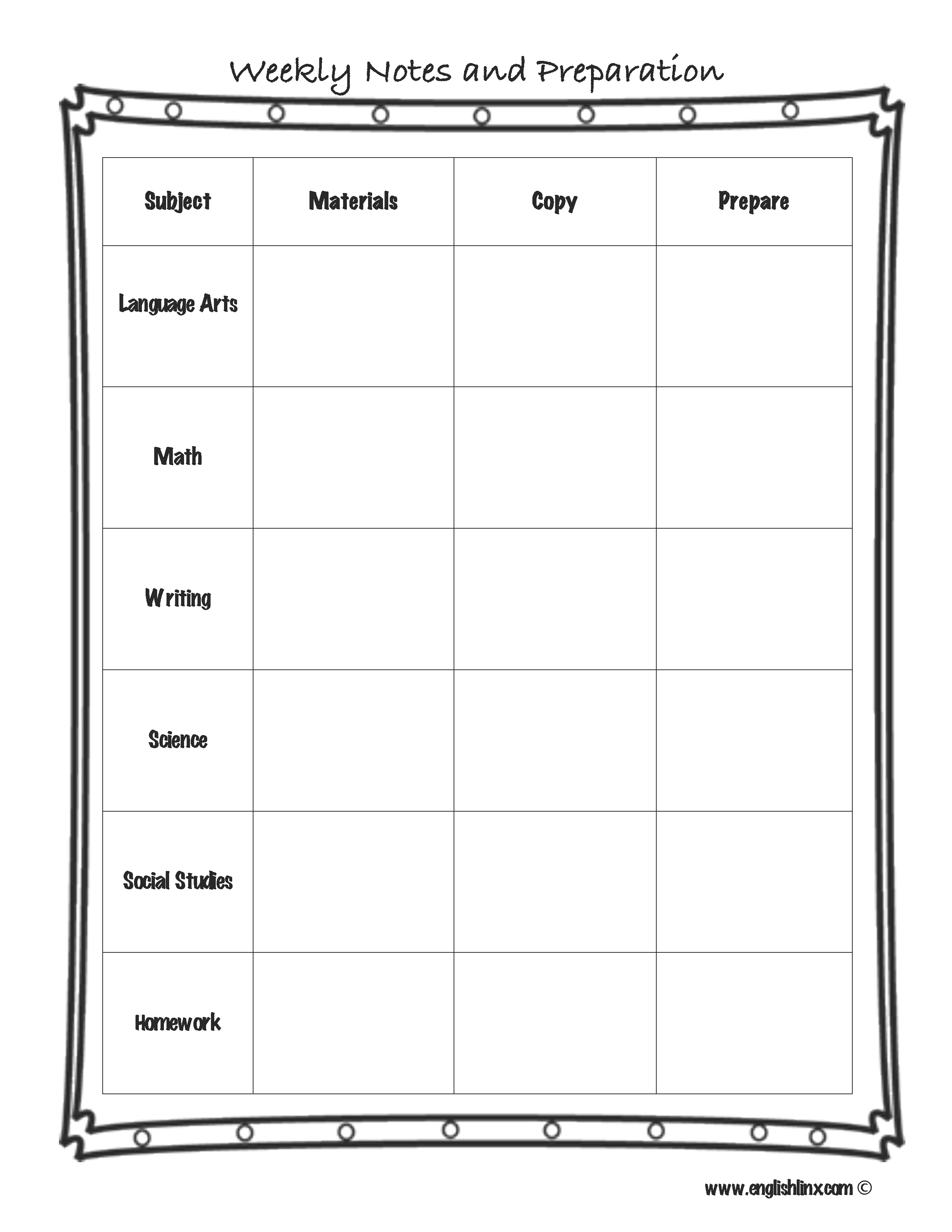 Weekly Lesson Plan Blank Template | Calendar Template Printable