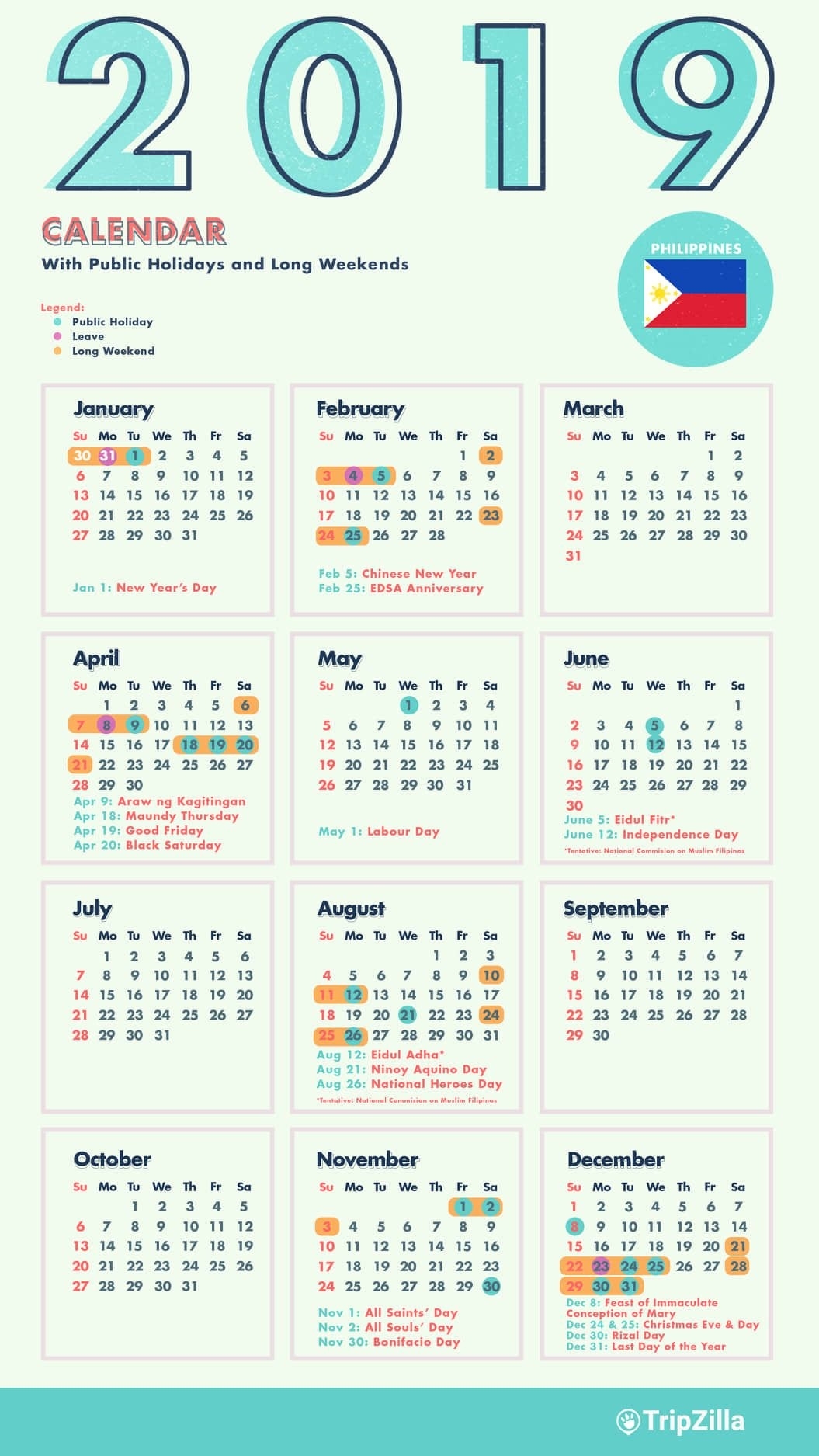 Holidays In The Philippines 2020 Calendar Template Printable