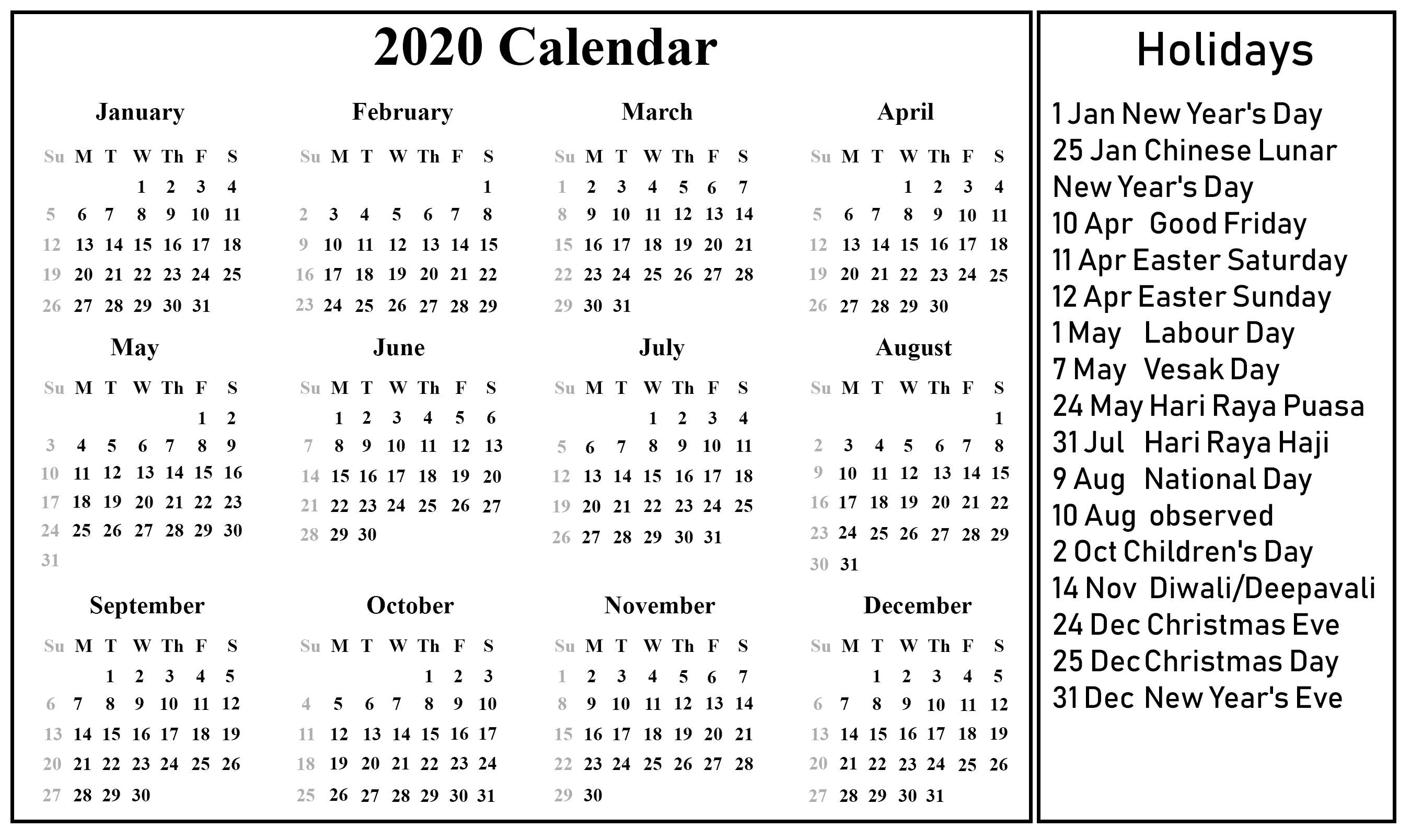 12 Month 2020 Printable Calendar Template One Page-Blank W 9 2020