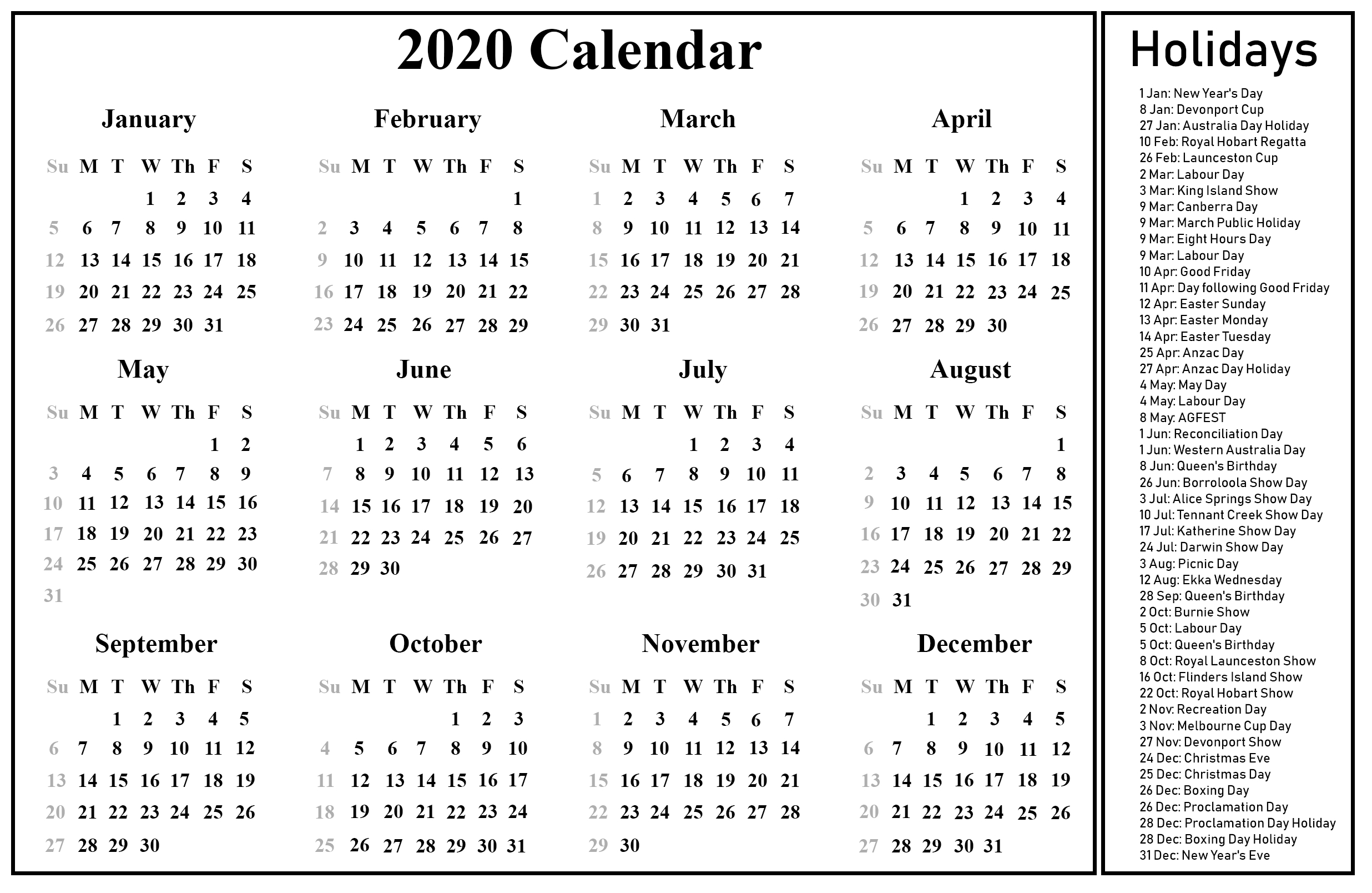 12 Month 2020 Printable Calendar Template With Holidays-Blank W 9 2020
