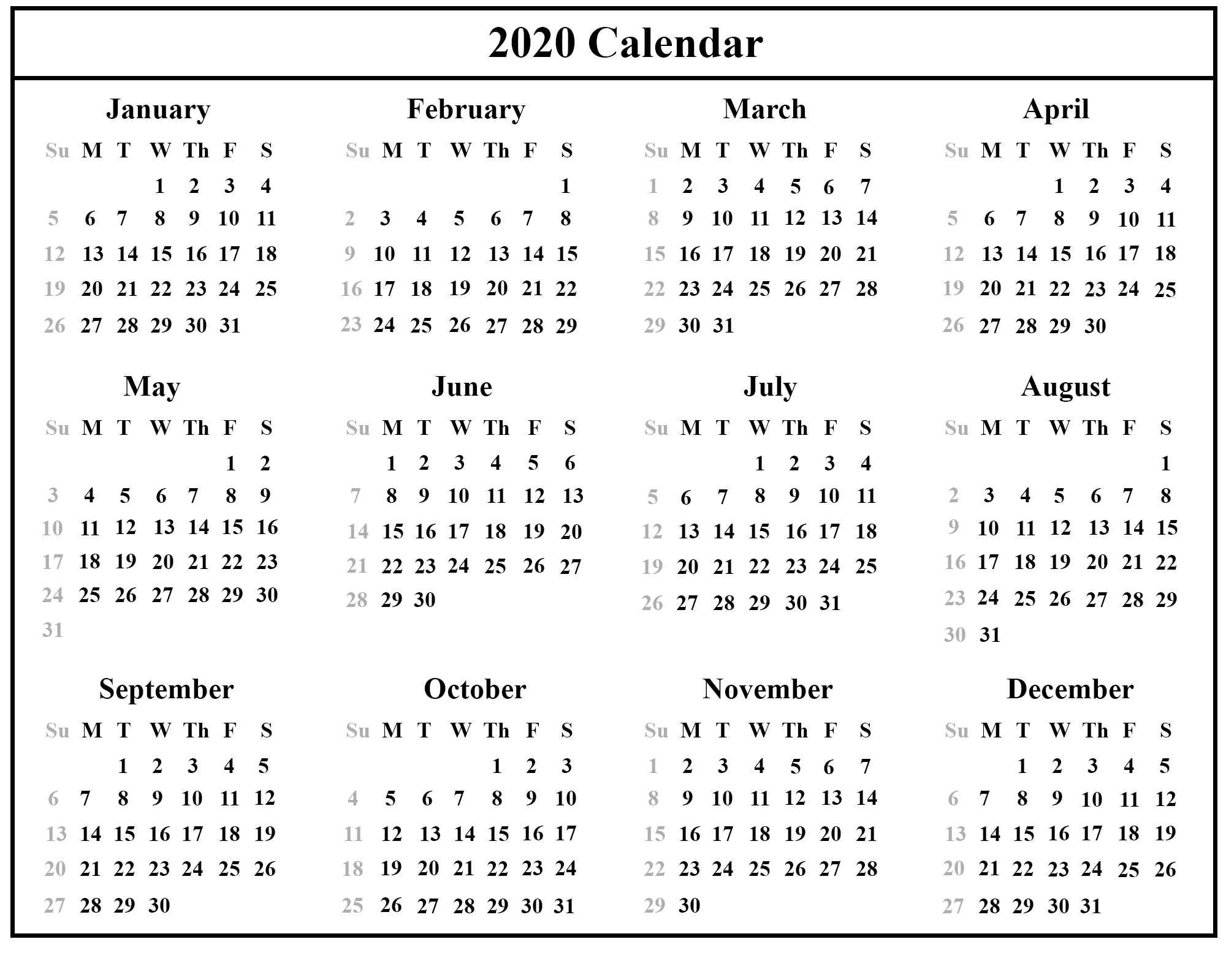 12 Month 2020 Printable Calendar Template With Holidays-Blank W 9 To Print 2020