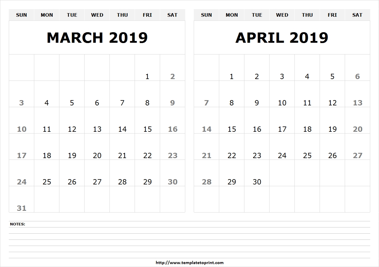 2 Month March April 2019 Calendar | Free March 2019 Calendar-2 Month Calendar Template Printable