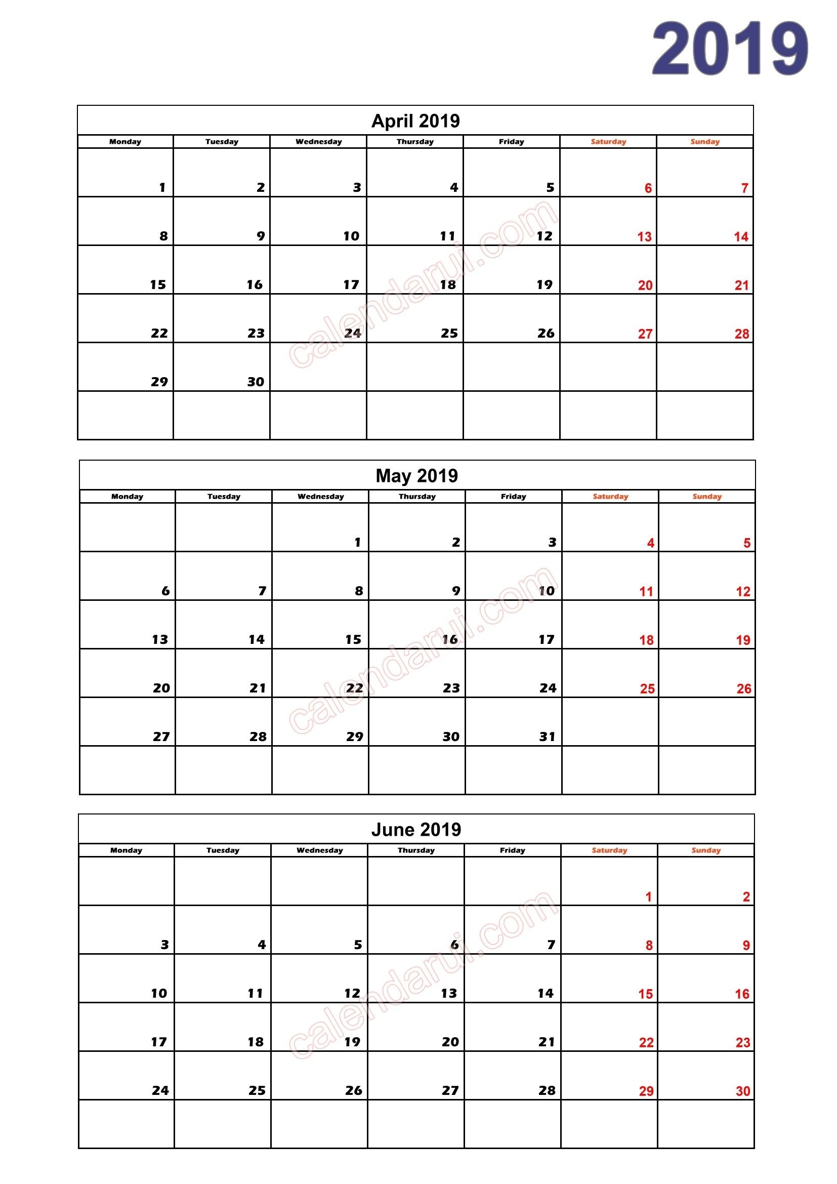 2 Quarter 2 Calendar 2019 Printable Download Free_2 | 2019-Blank Quarterly Printable Calendar