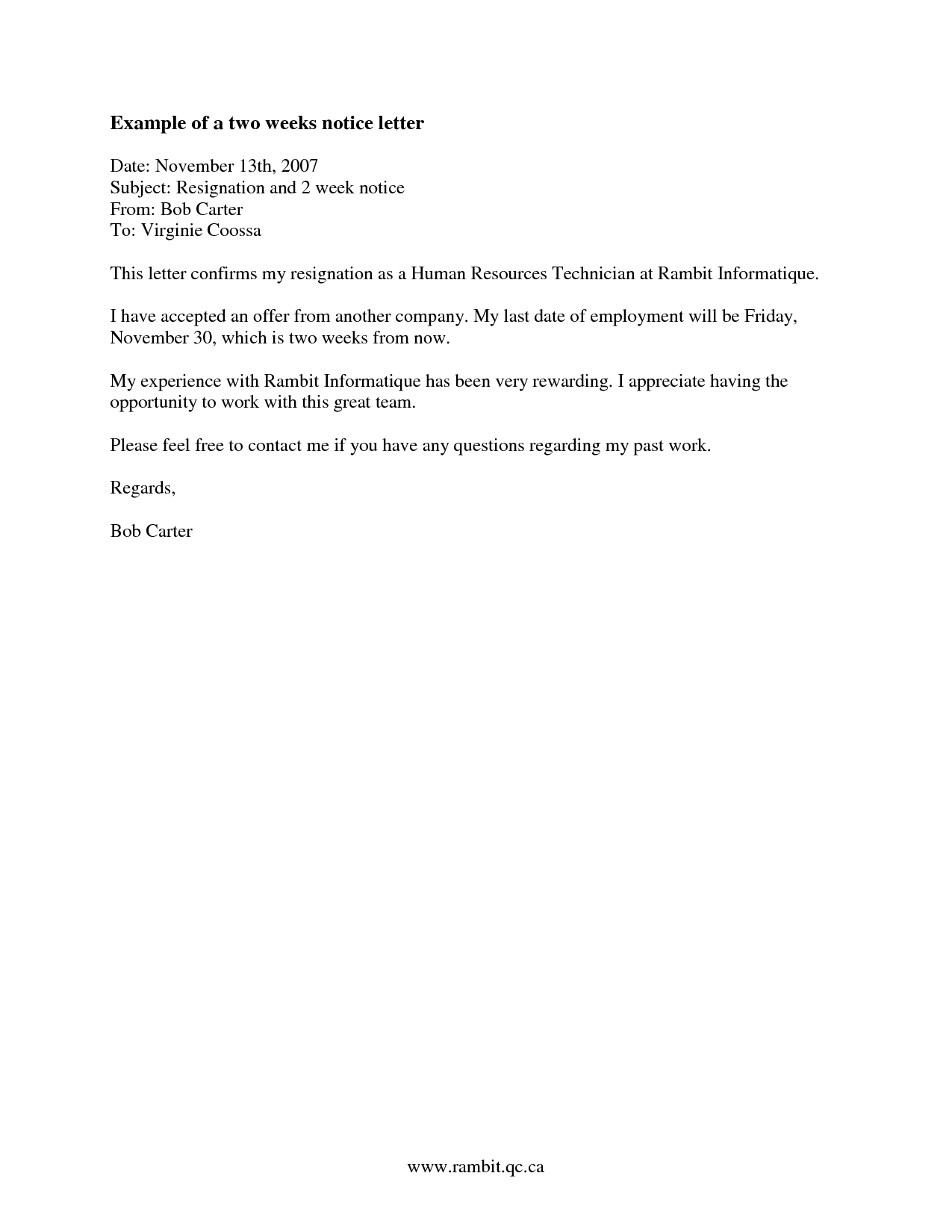 2 Weeks Notice Letter Resignation Letter Week Notice-Template For 2 Weeks