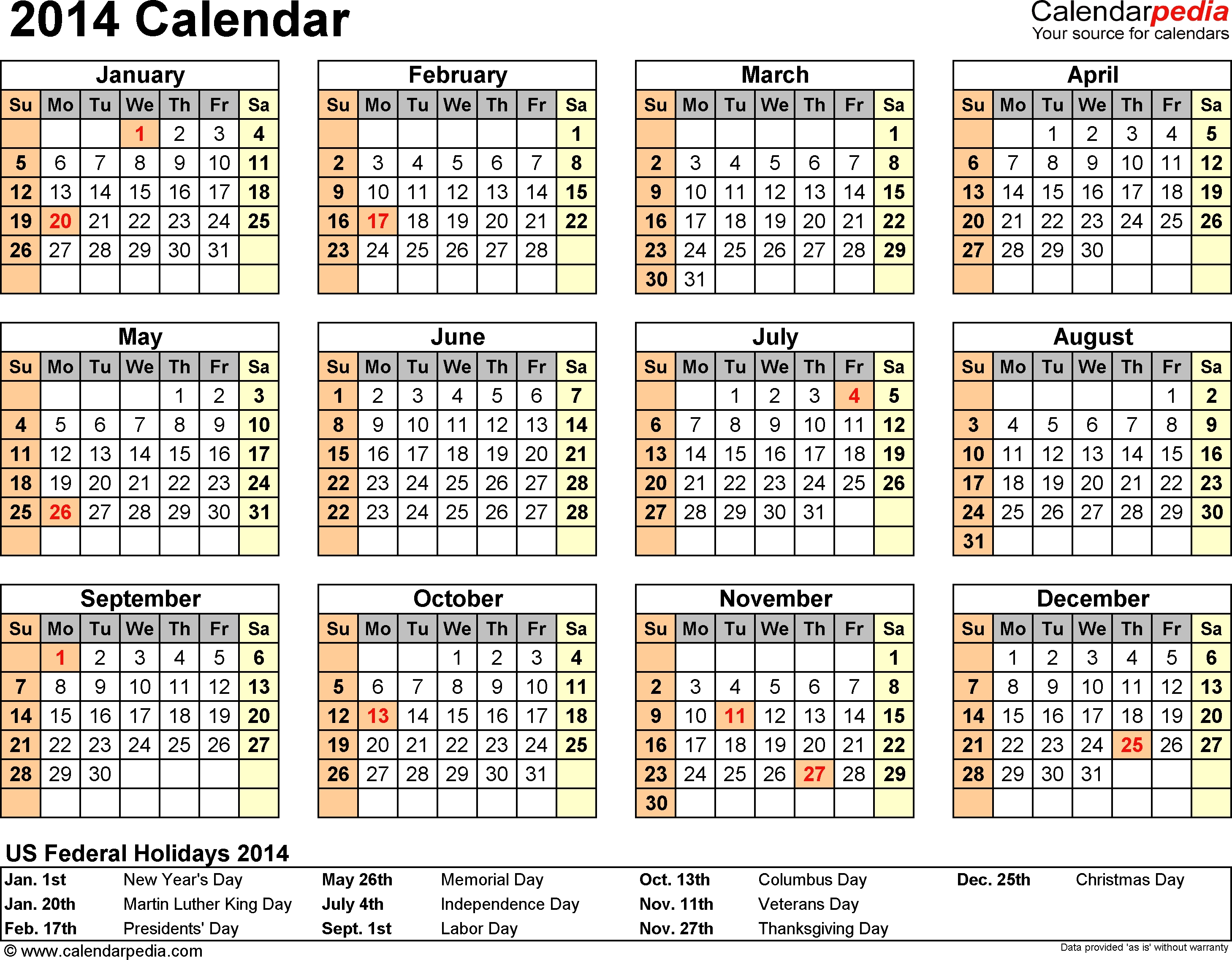 2014 Calendar With Federal Holidays &amp; Excel/pdf/word Templates-Sa Calendar With Holidays