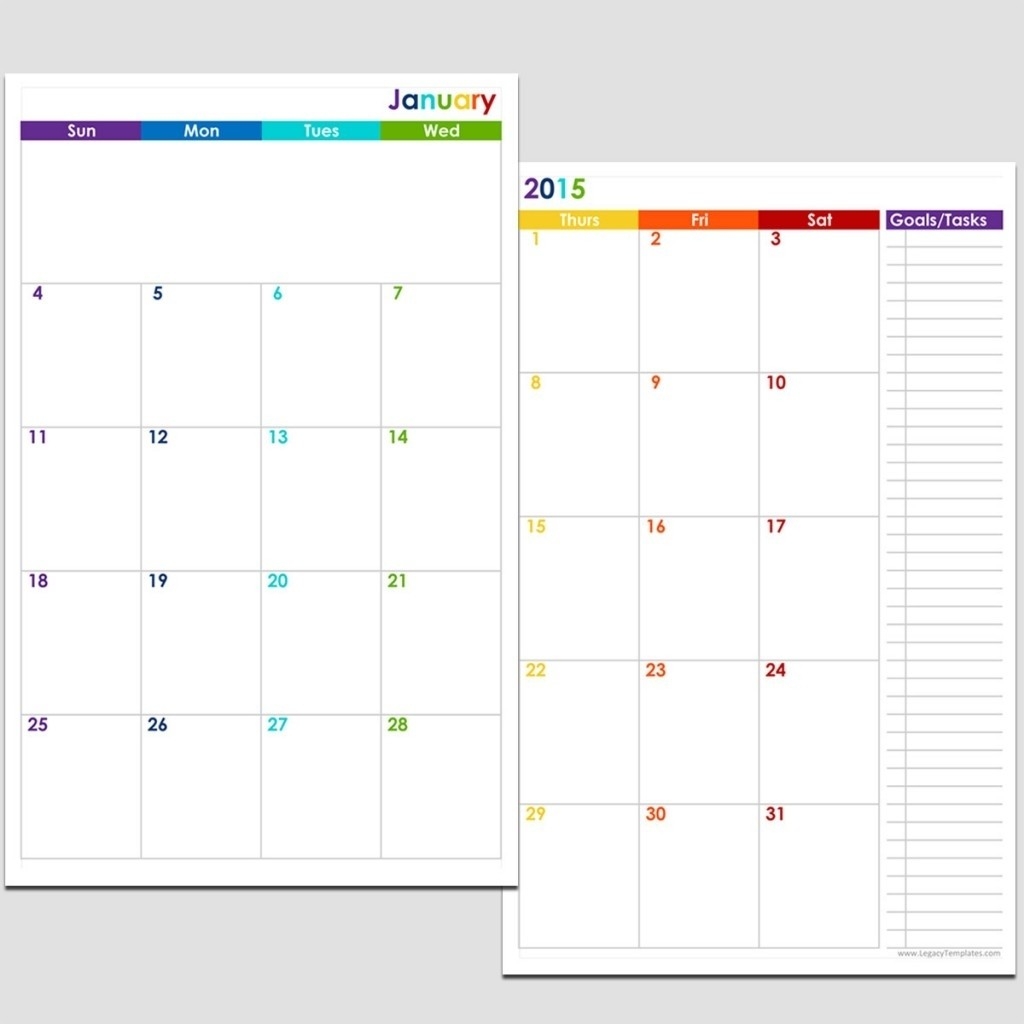 2015 12-Month 2 Page Calendar – Half Size | Legacy Templates-2 Page Monthly Calendar Template Printable