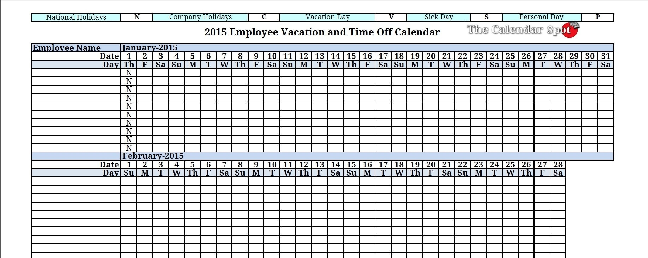 2015 Employee Vacation Absence Tracking Calendar | 2015-Vacation Calendar Template Free