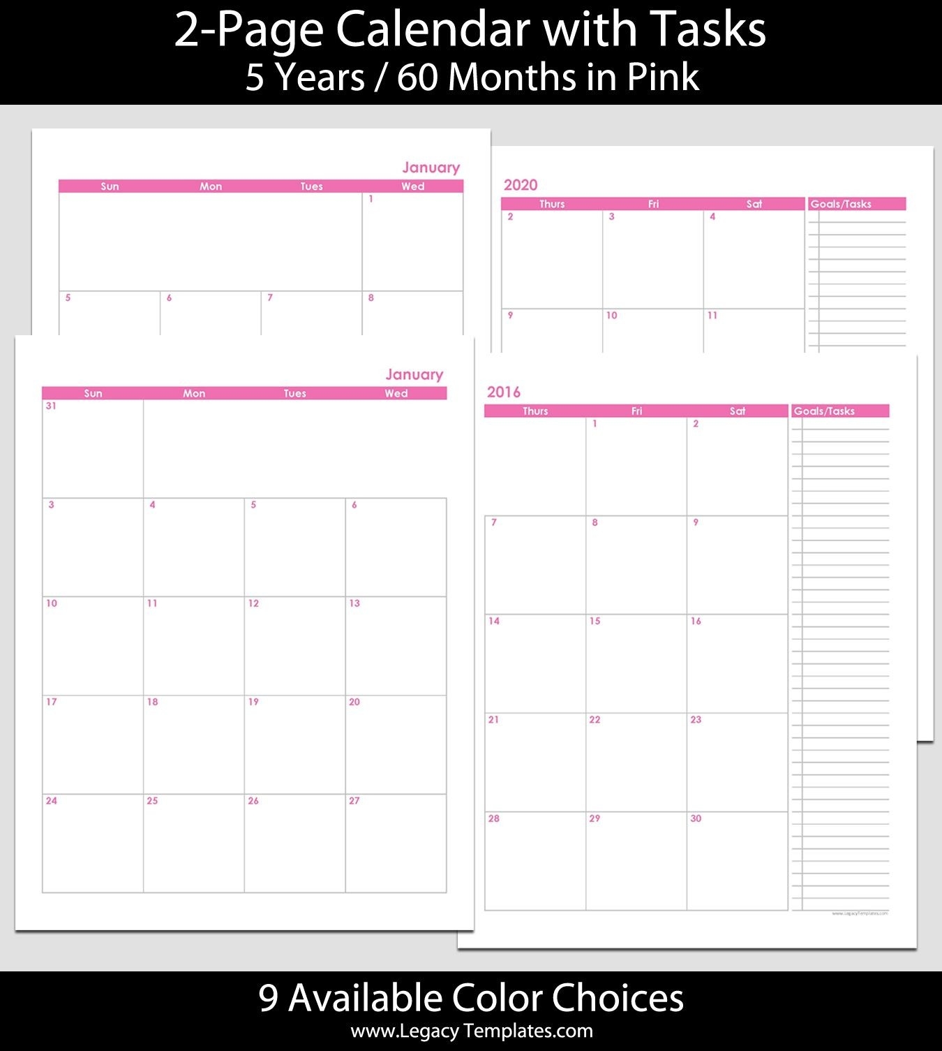 2016 Thru 2020 60-Month 2-Page Calendar – 8 1/2″ X 11″. The-2 Page Monthly Planner 2020 Template