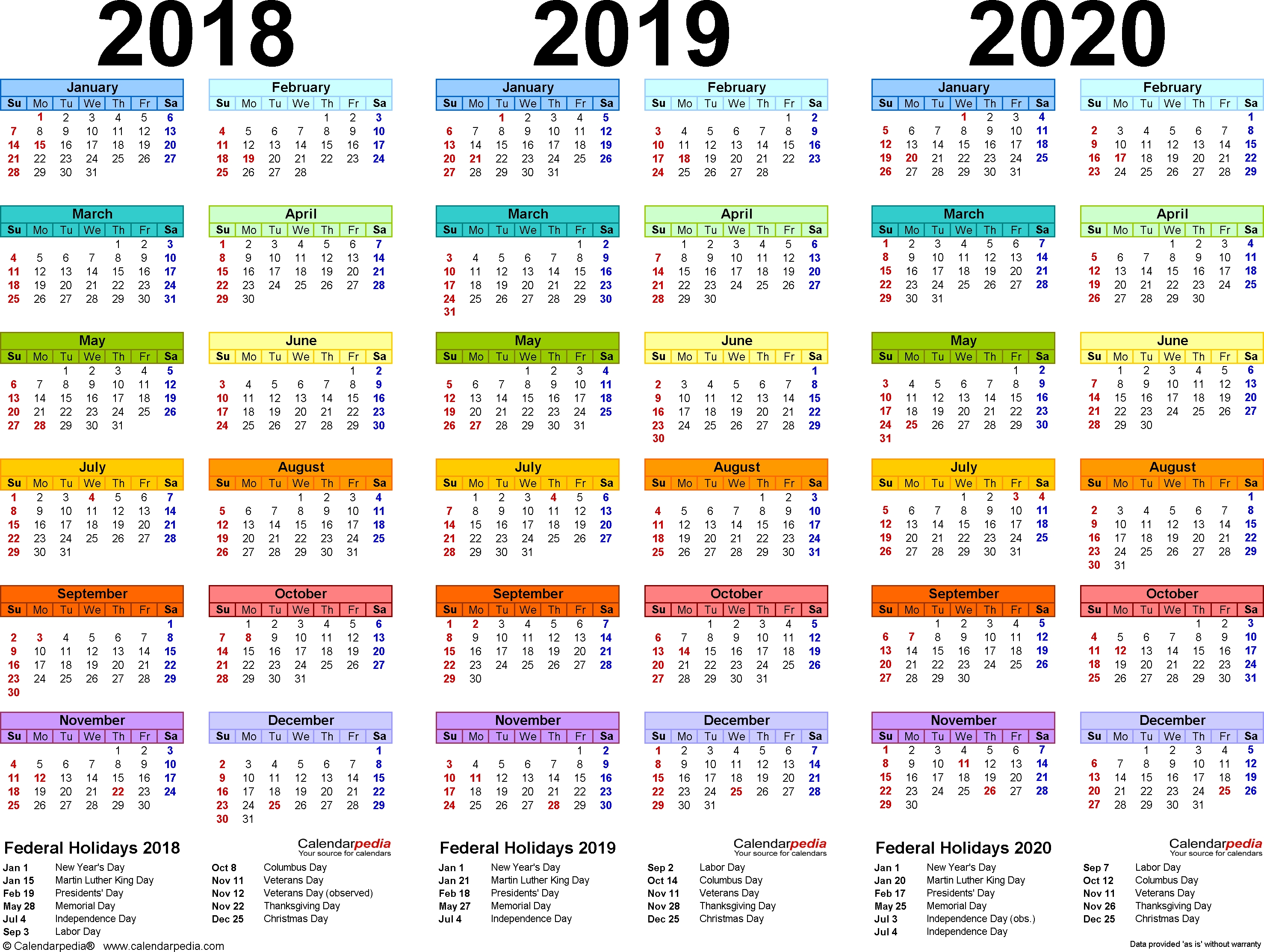 2018/2019/2020 Calendar - 4 Three-Year Printable Pdf Calendars-Adobe Indesign Calendar Template 2020