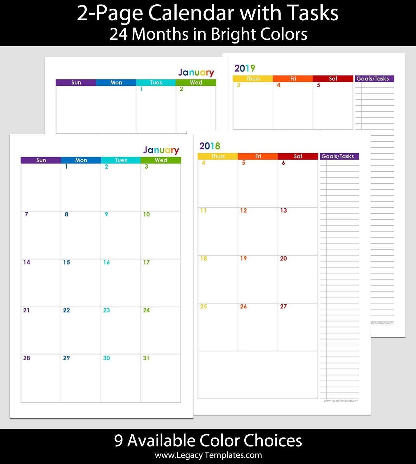 2018 &amp; 2019 24-Months 2-Page Calendar. Printable 2-Page-2 Page Monthly Calendar Printable