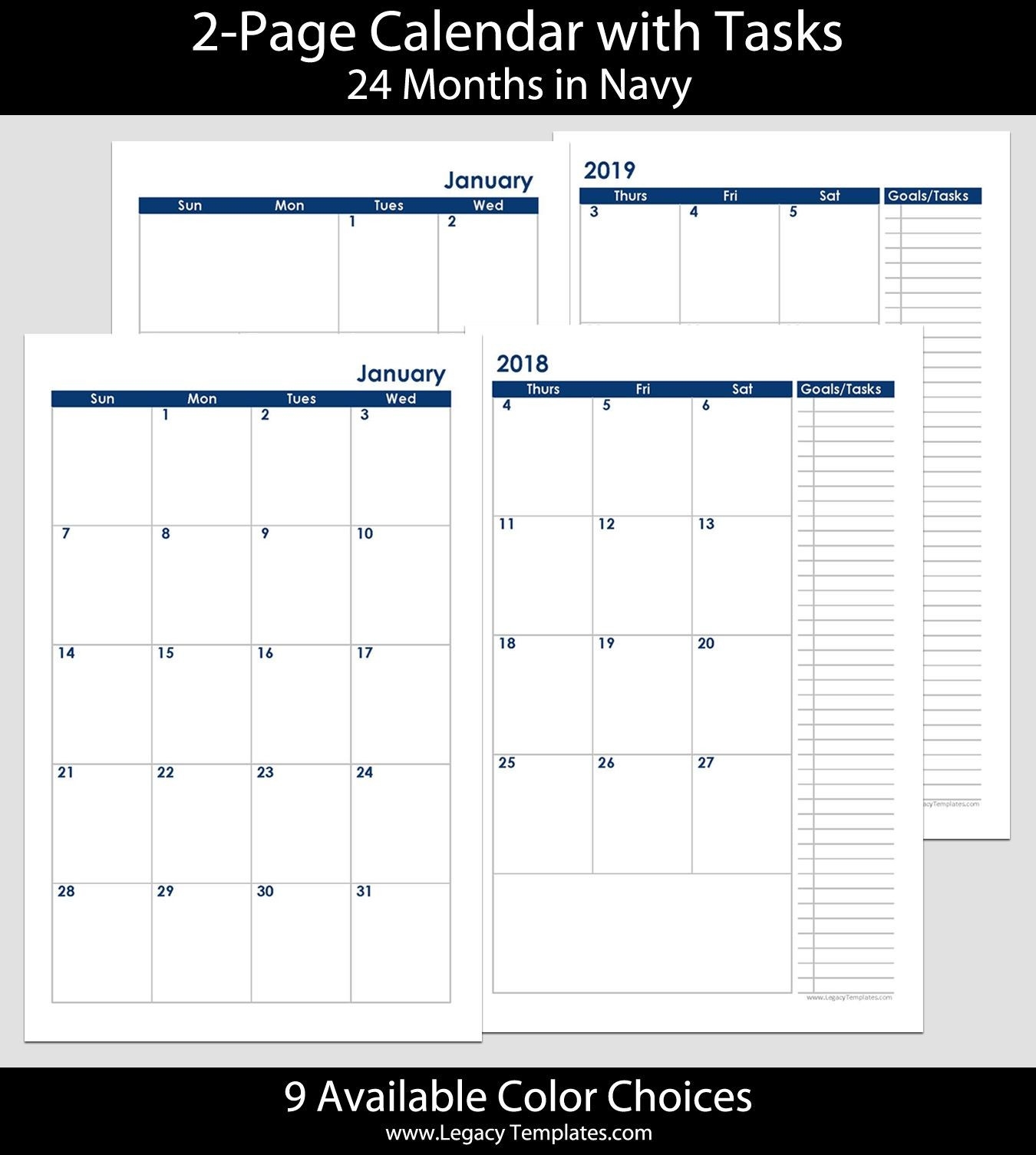 2018 &amp; 2019 24-Months 2-Page Calendar. Printable 2-Page-2 Page Monthly Calendar Printable