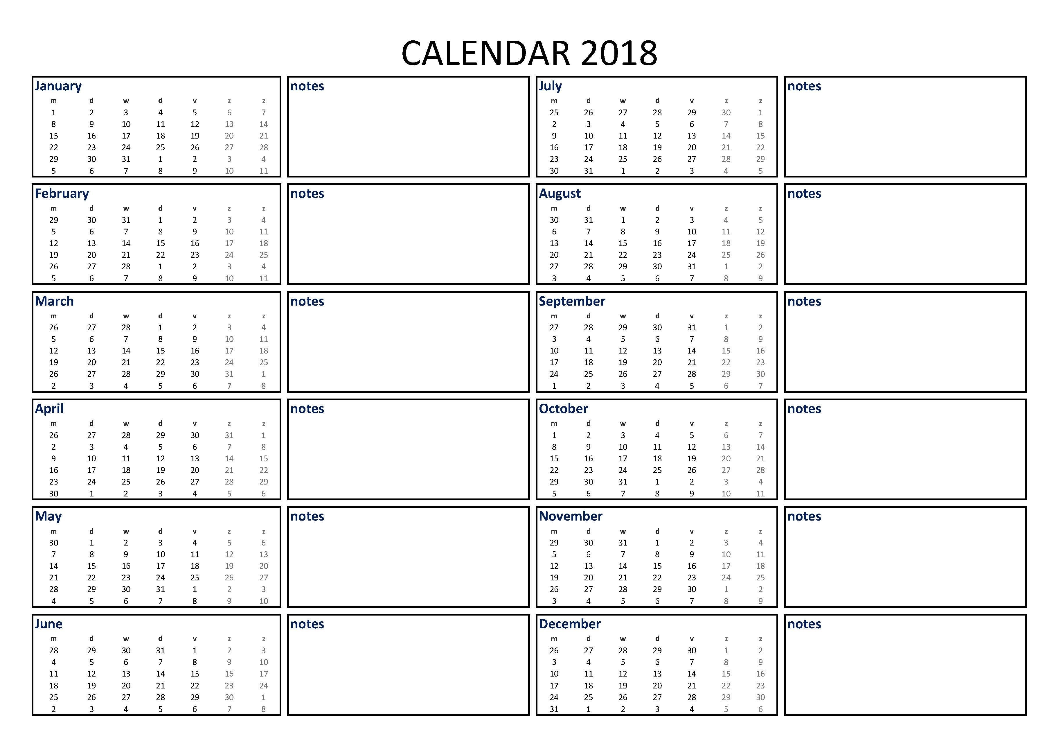 2018 Calendar Excel A3 With Notes - Download Our Free-Blank Calendar Template With Space For Memo And Notes Printable