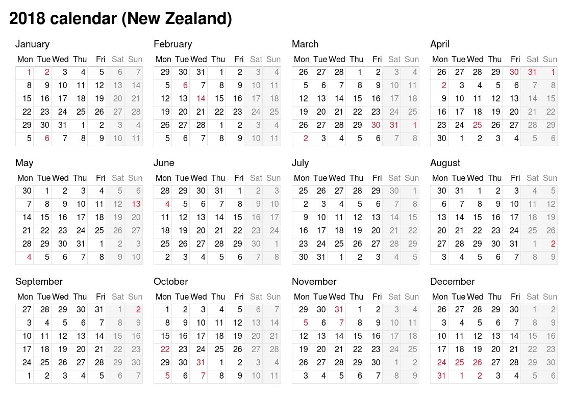 2018 Calendar - New Zealand-Six Monthly New Zealand Calendars