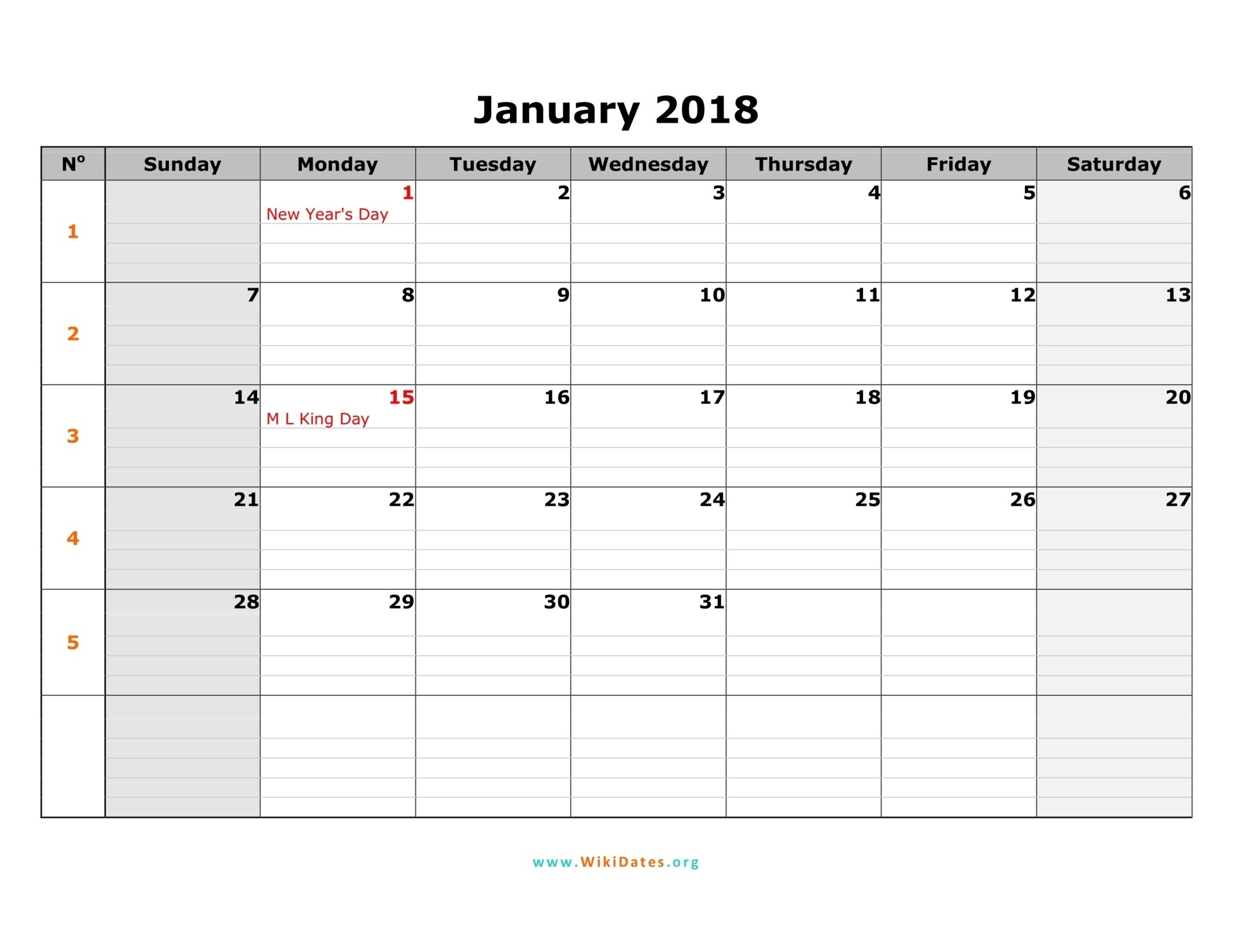 2018 Calendar | Wikidates-Monthly Calendar Starting Monday