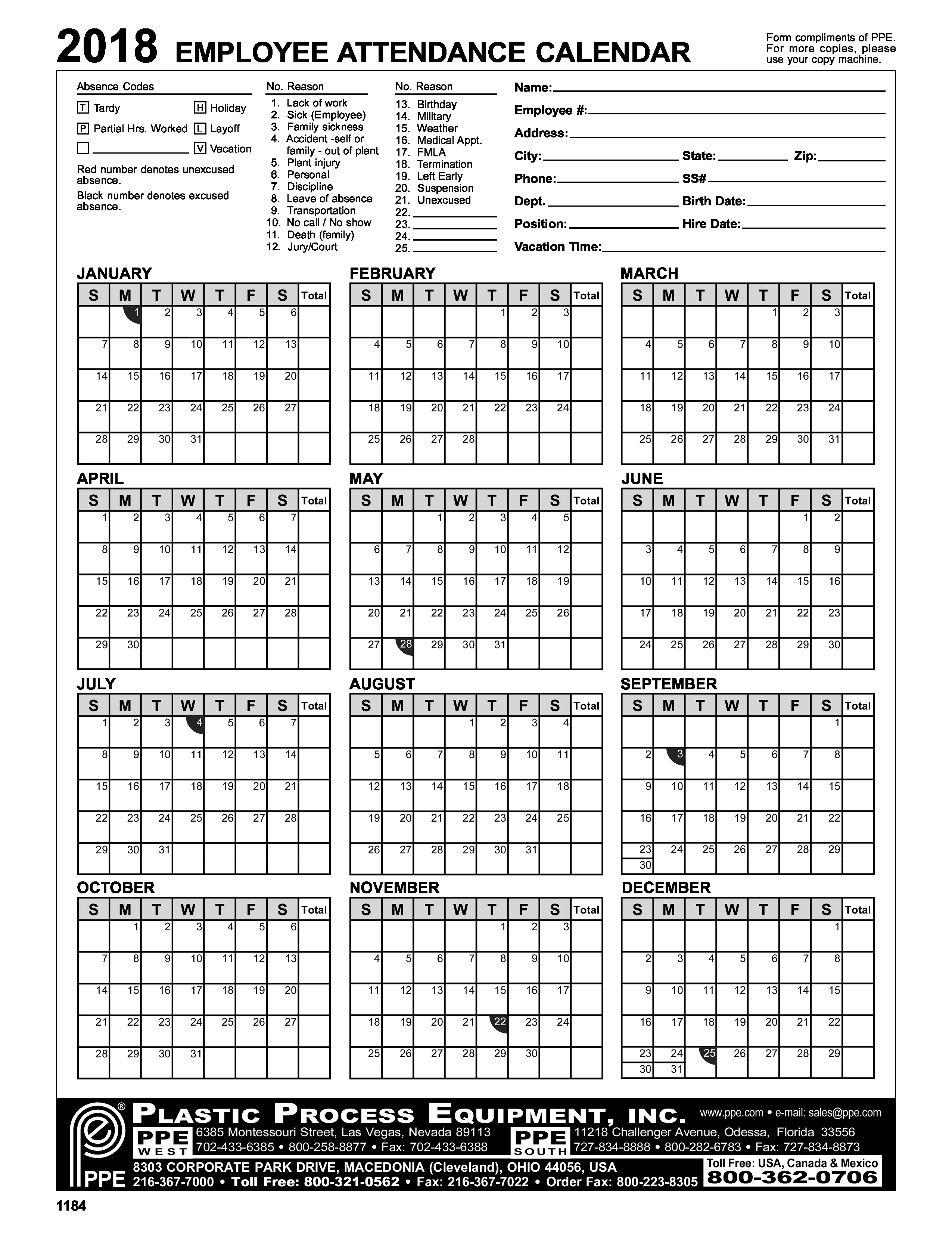 2018 Employee Attendance Calendar With Employee Attendance-Attendance Calendar Template Free