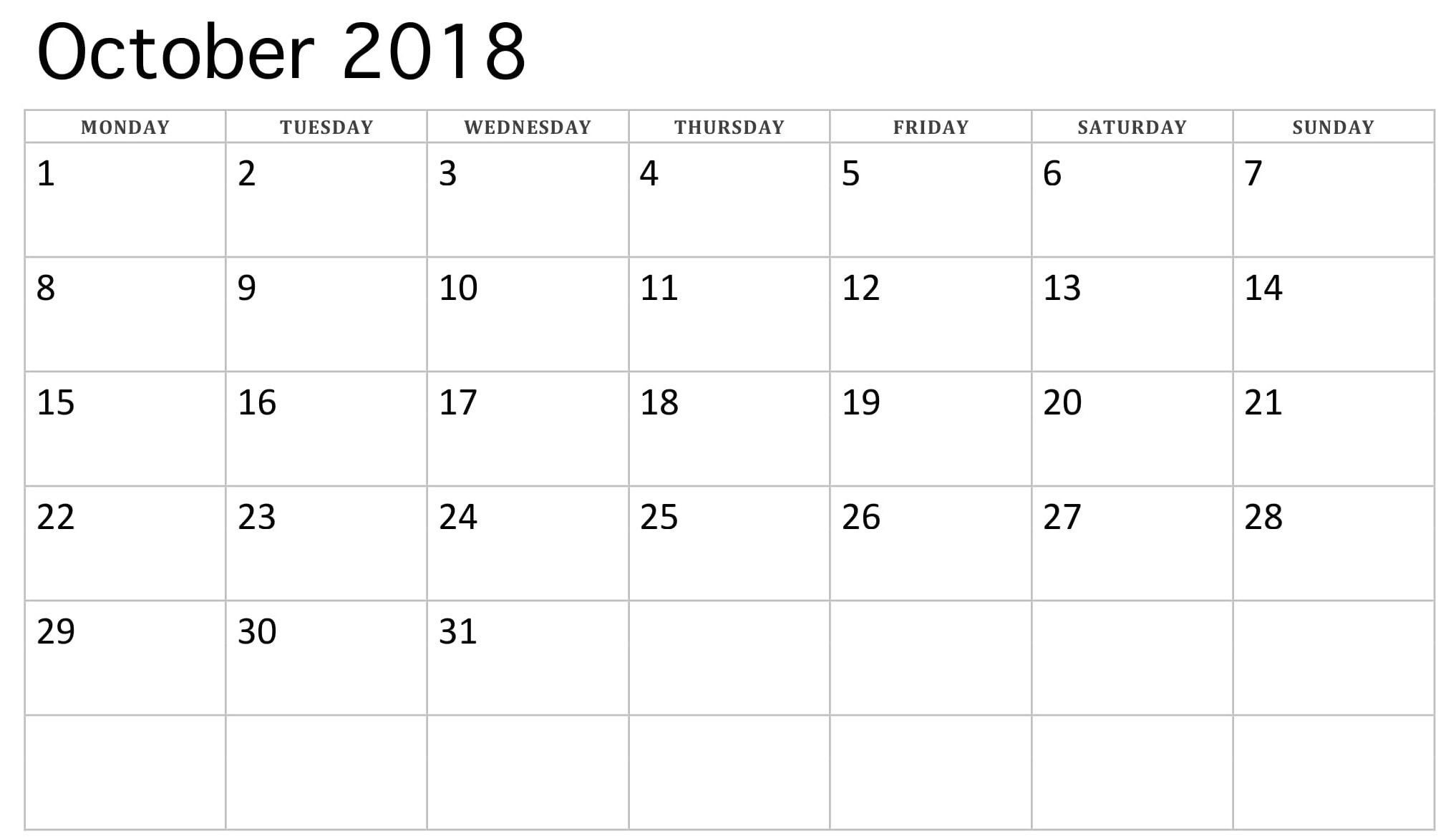 2018 October Monday Starting Calendar | 2018 Calendars-Monthly Calendar Starts On Monday