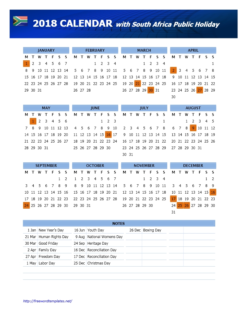 Holidays In South Africa Calendar Template Printable