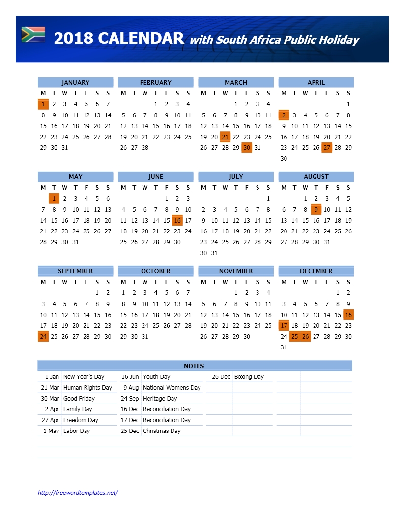 2018 South Africa Public Holidays Calendar-South African Calendar With Public Holidays