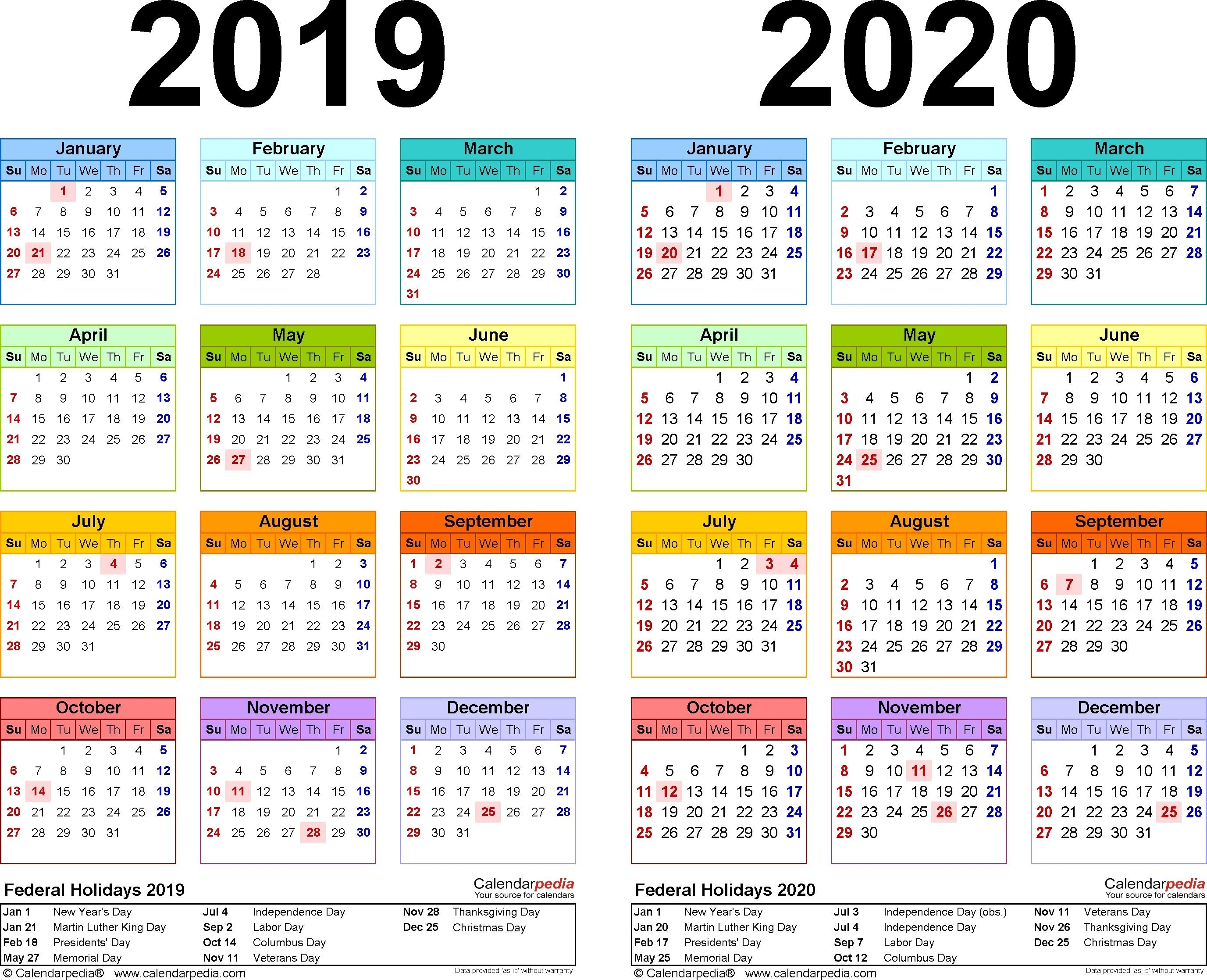 2019-2020 Calendar - Free Printable Two-Year Excel Calendars-Free 2 Page Calendar Templates 2020