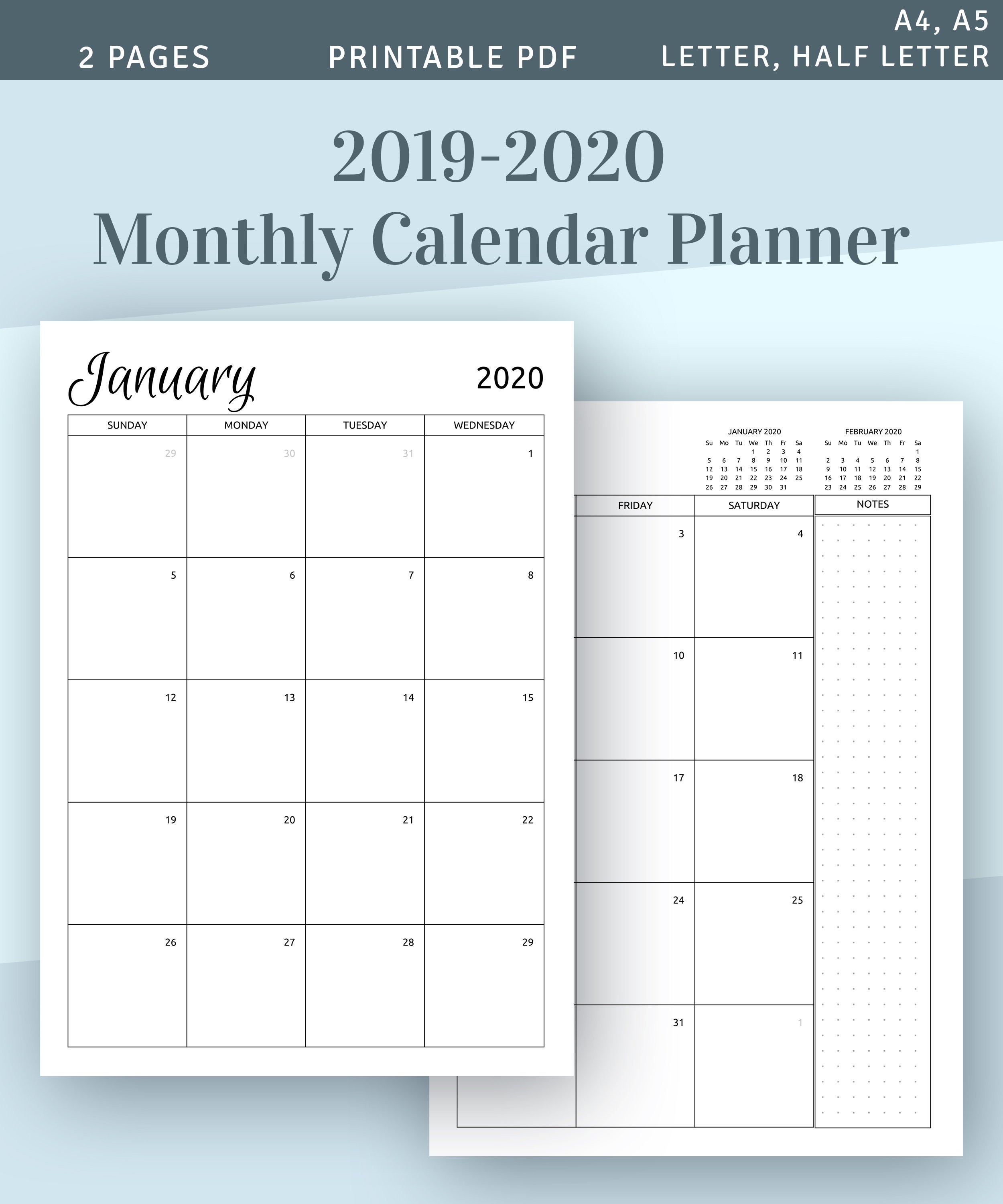 2019 - 2020 Monthly Calendar Printable Template, Download 2019 Calendar  Printable, Two Page Planner Insert Pdf, A4 A5 Letter Size Filofax-Two Page Monthly Calendar 2020