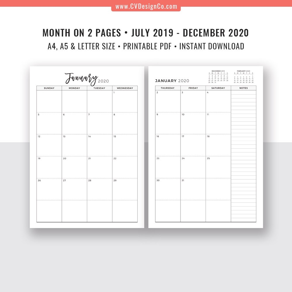 2019 - 2020 Monthly Planner, 18 Month Calendar, Monthly Organizer, Month On  2 Pages, Digital Printable Planner, Filofax A5, A4, Letter Size-A4 Monthly Calendar Template Print Over 2 Pages Monday Start Free