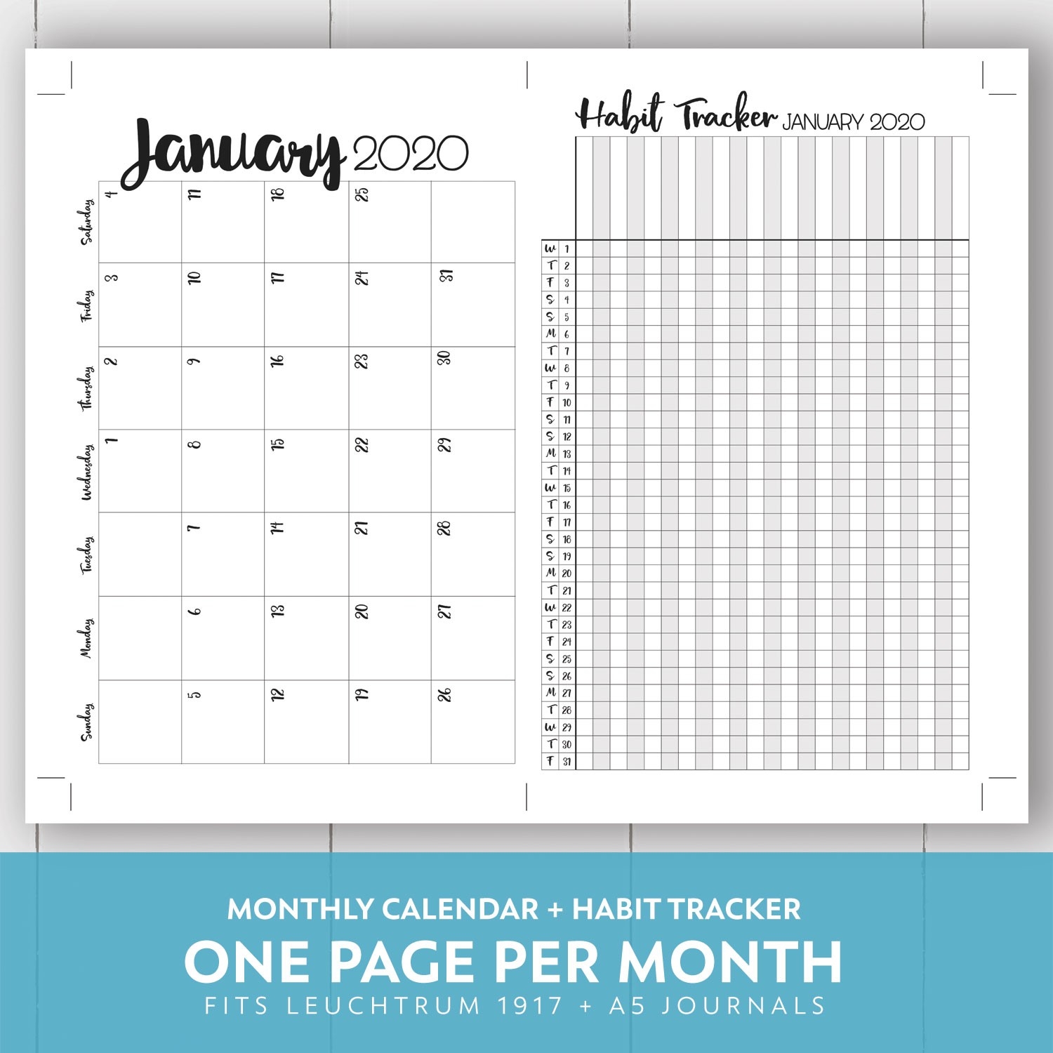 2019 + 2020 Monthly Printable Calendar + Habit Tracker Kit-Printable 5.5 X 8.5 Monthly Calendar