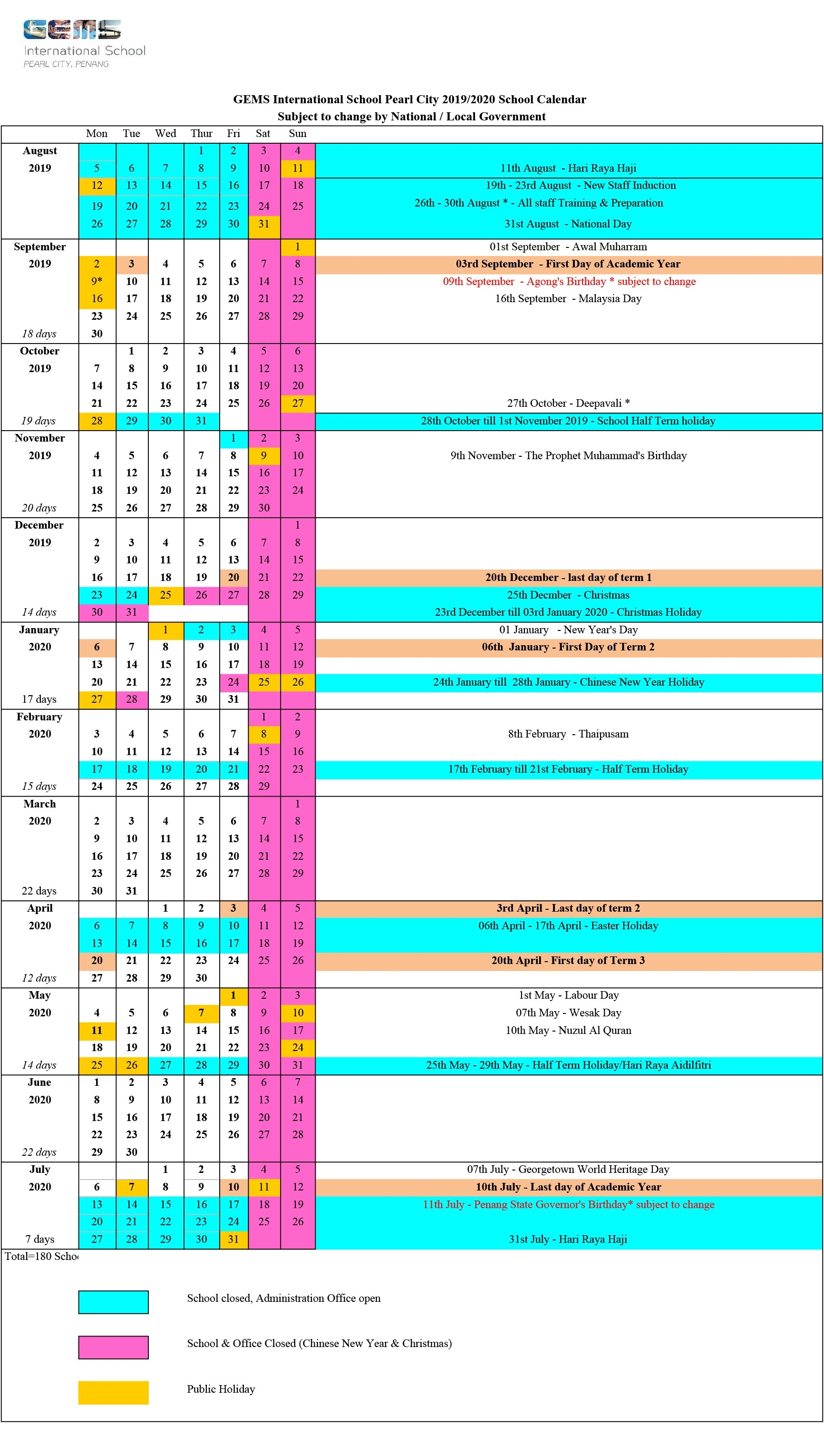 2019/2020 School Calendar - Gems International School-2020 Calendar With Holidays Malaysia