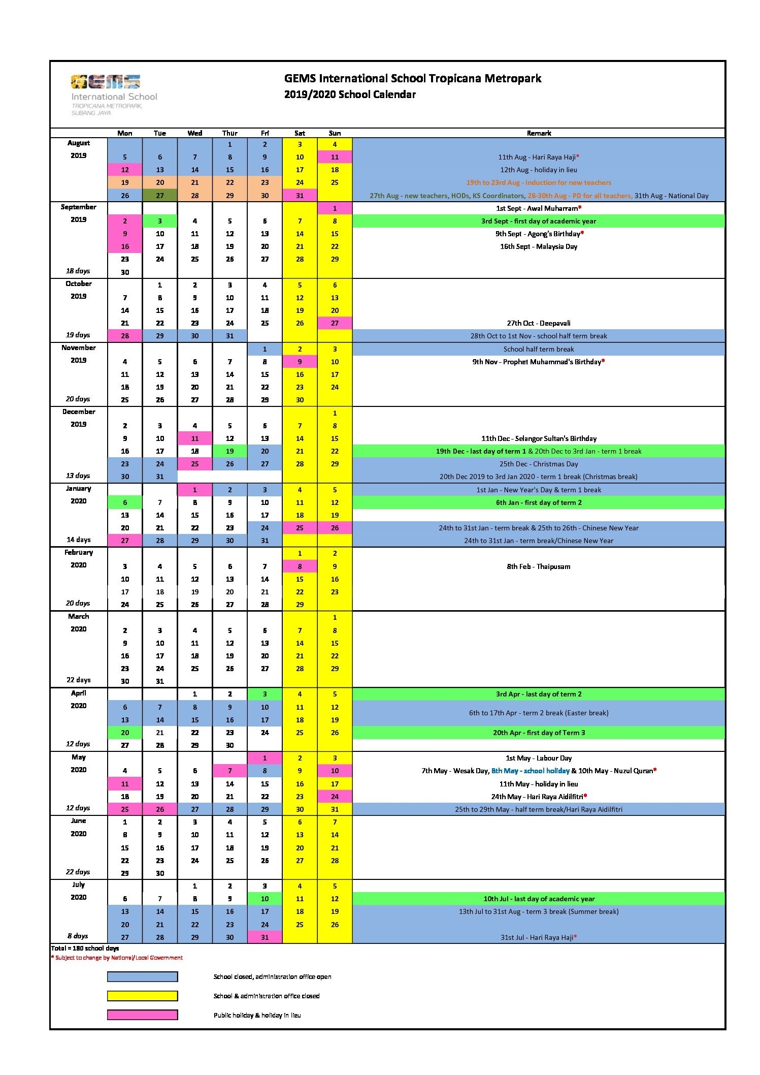 2019/2020 School Calendar - Gems International School Metropark-2020 International School Holidays Malaysia