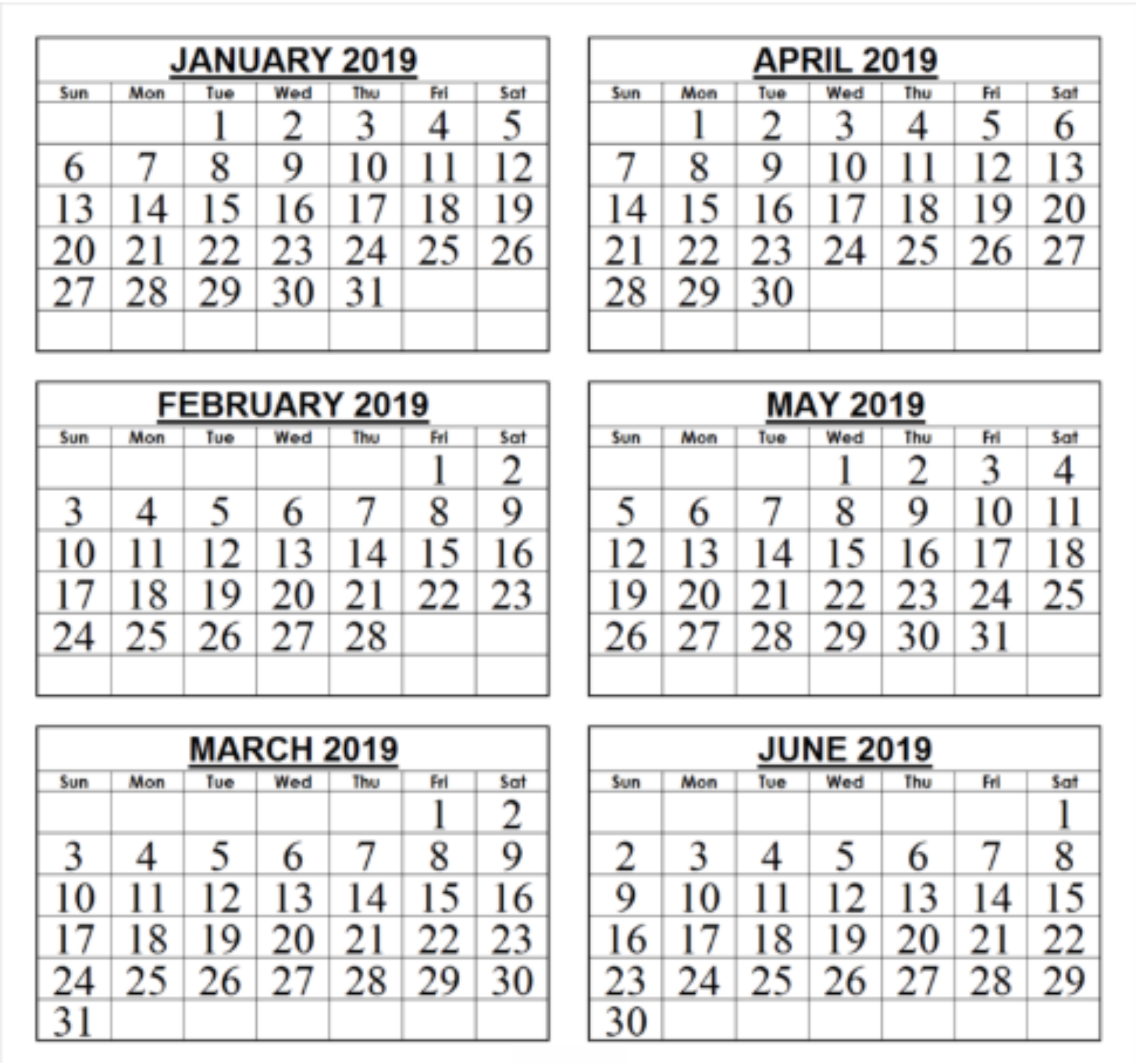 2019 6 Month Printable Calendar Template Download [Free-Free Six Month Calendar Template