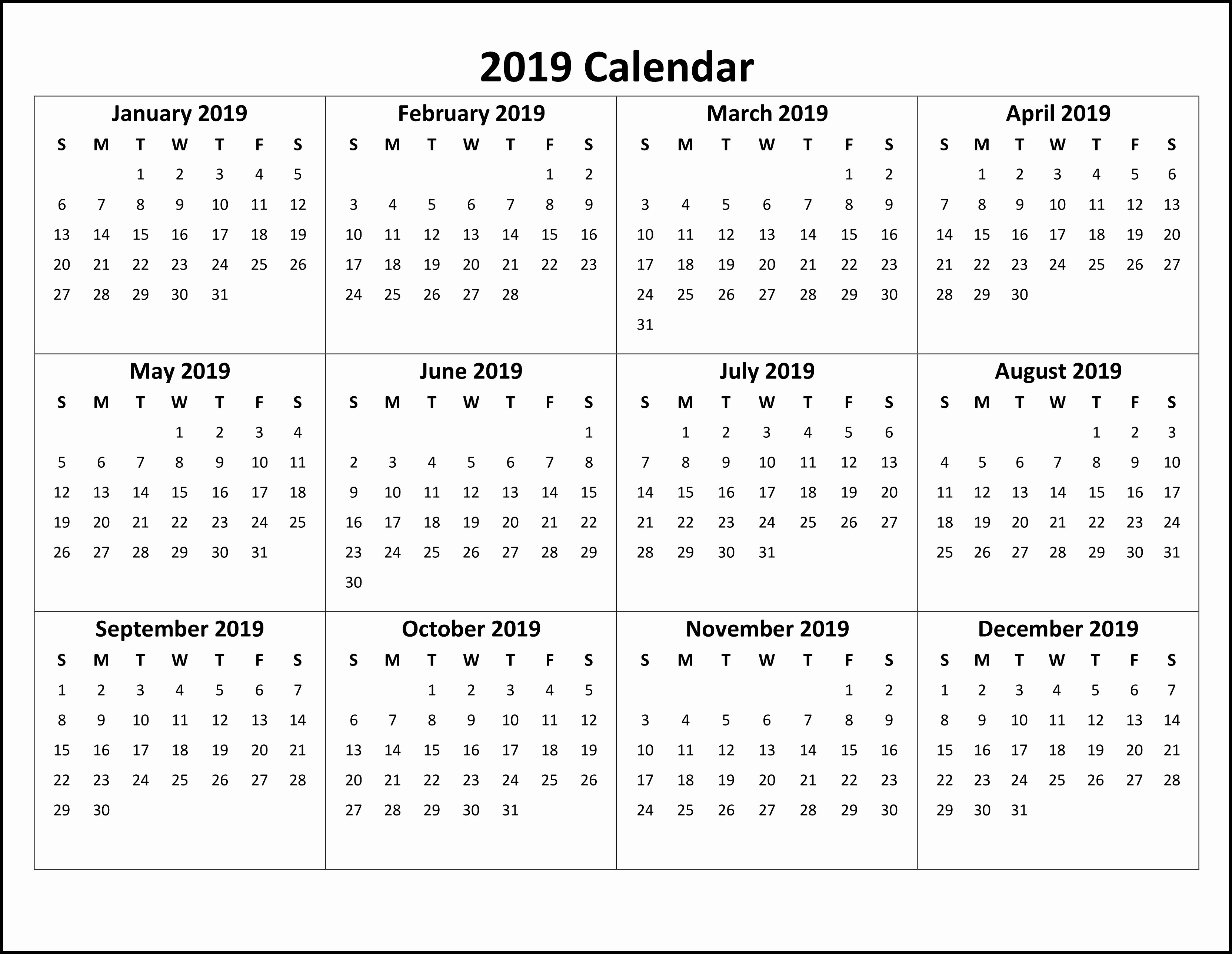 2019 Calendar 8.5X11 Printable Printable Calendar 2019 Pdf-Excel Calendar Template 8.5 X 11