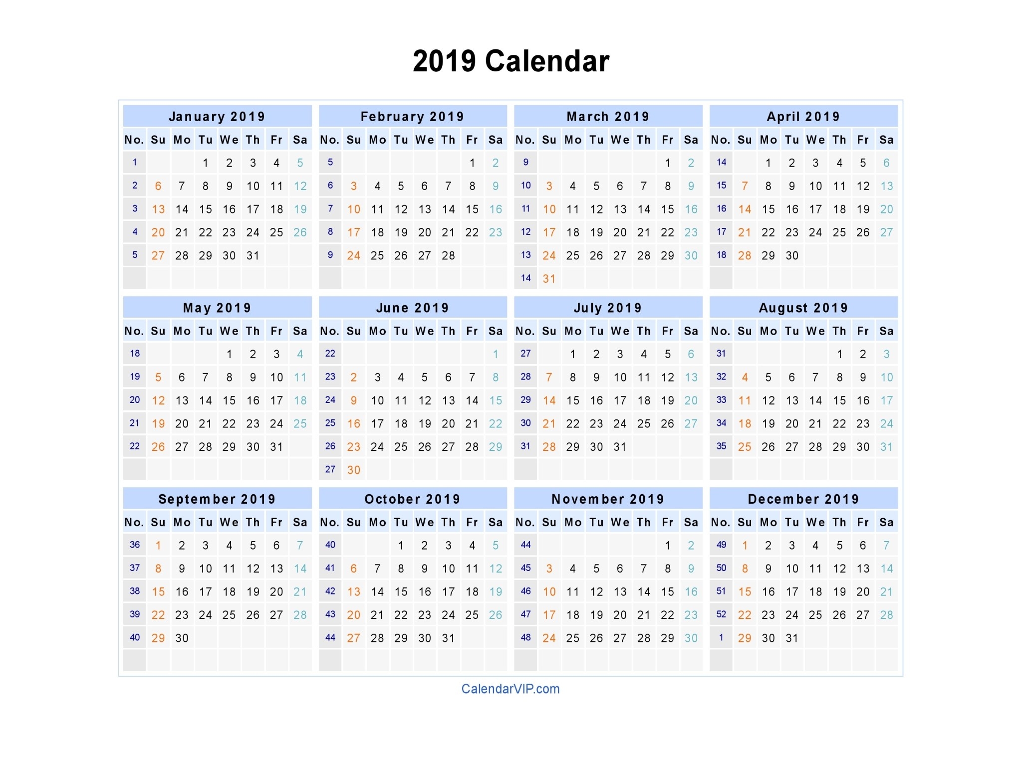2019 Calendar - Blank Printable Calendar Template In Pdf-Blank Calendar With Week Numbers