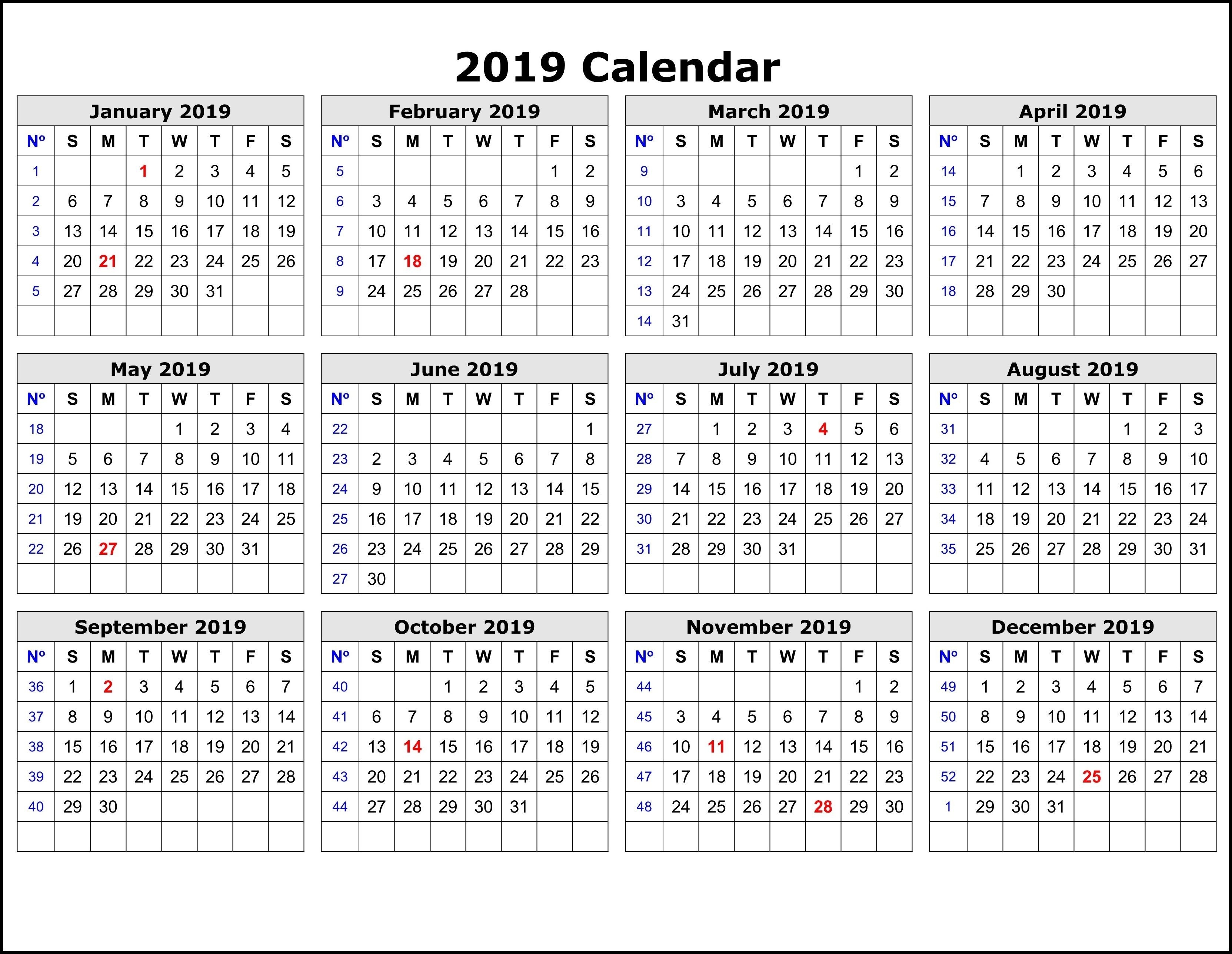 2019 Calendar Template By Week | Adobe Photoshop | Printable-Monthly Photo 2020 Calendar Template Printable Psd