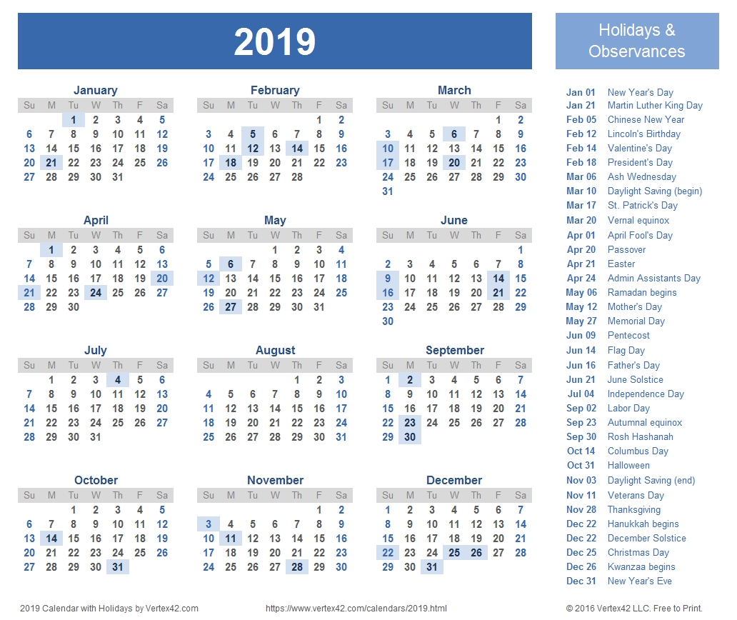 2019 Calendar Templates And Images-Calendar Templates By Vertex42
