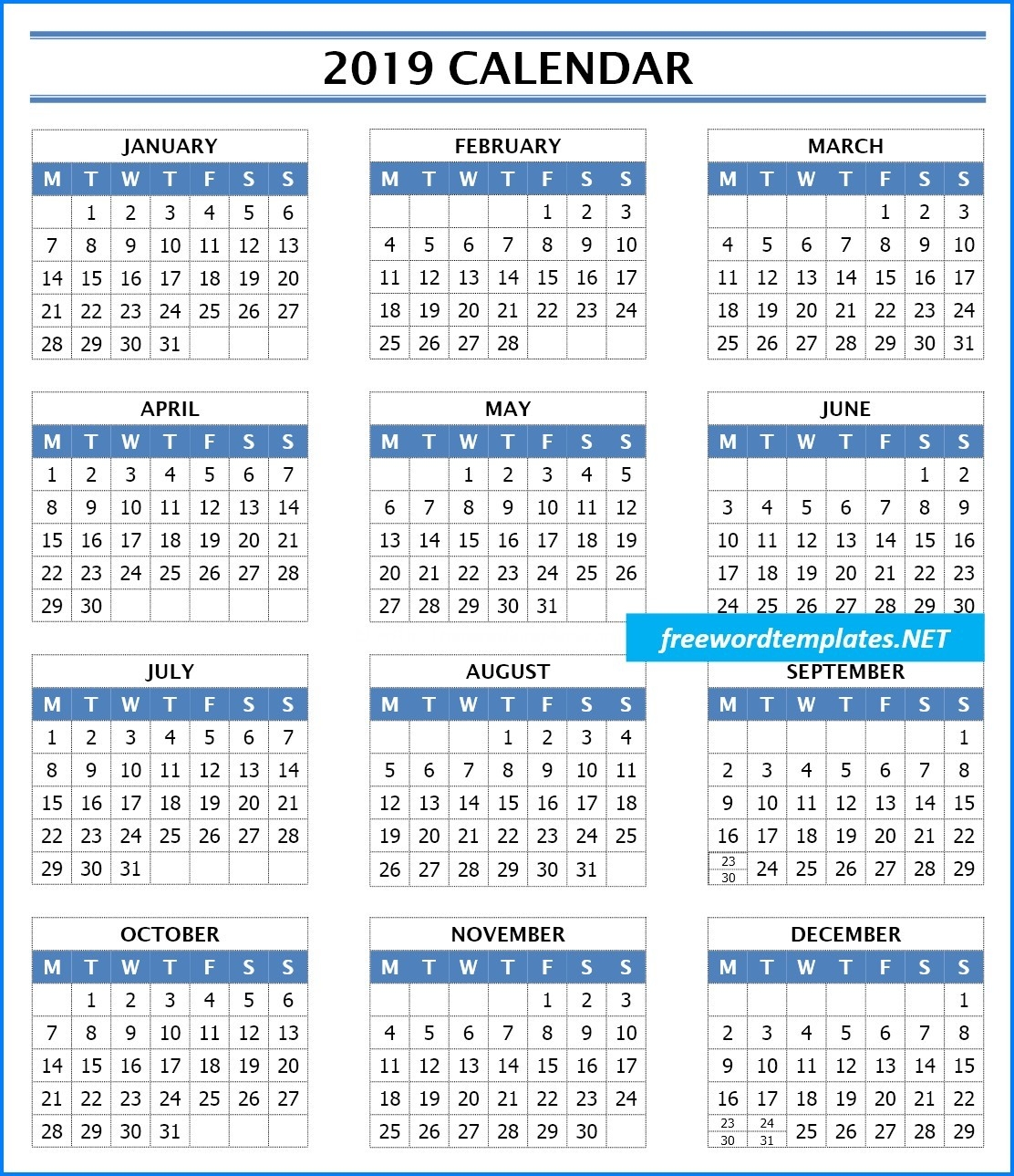 2019 Calendar Templates | Freewordtemplates-Word Monthly Calendar Template Word 2010