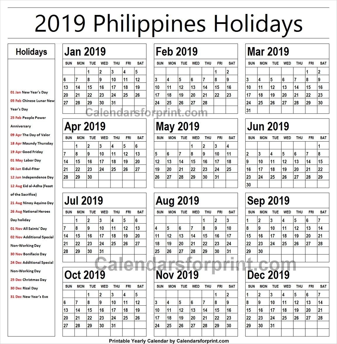 2019 Calendar With Holidays Philippines Printable | Holidays-Holidays In Philippines Printable