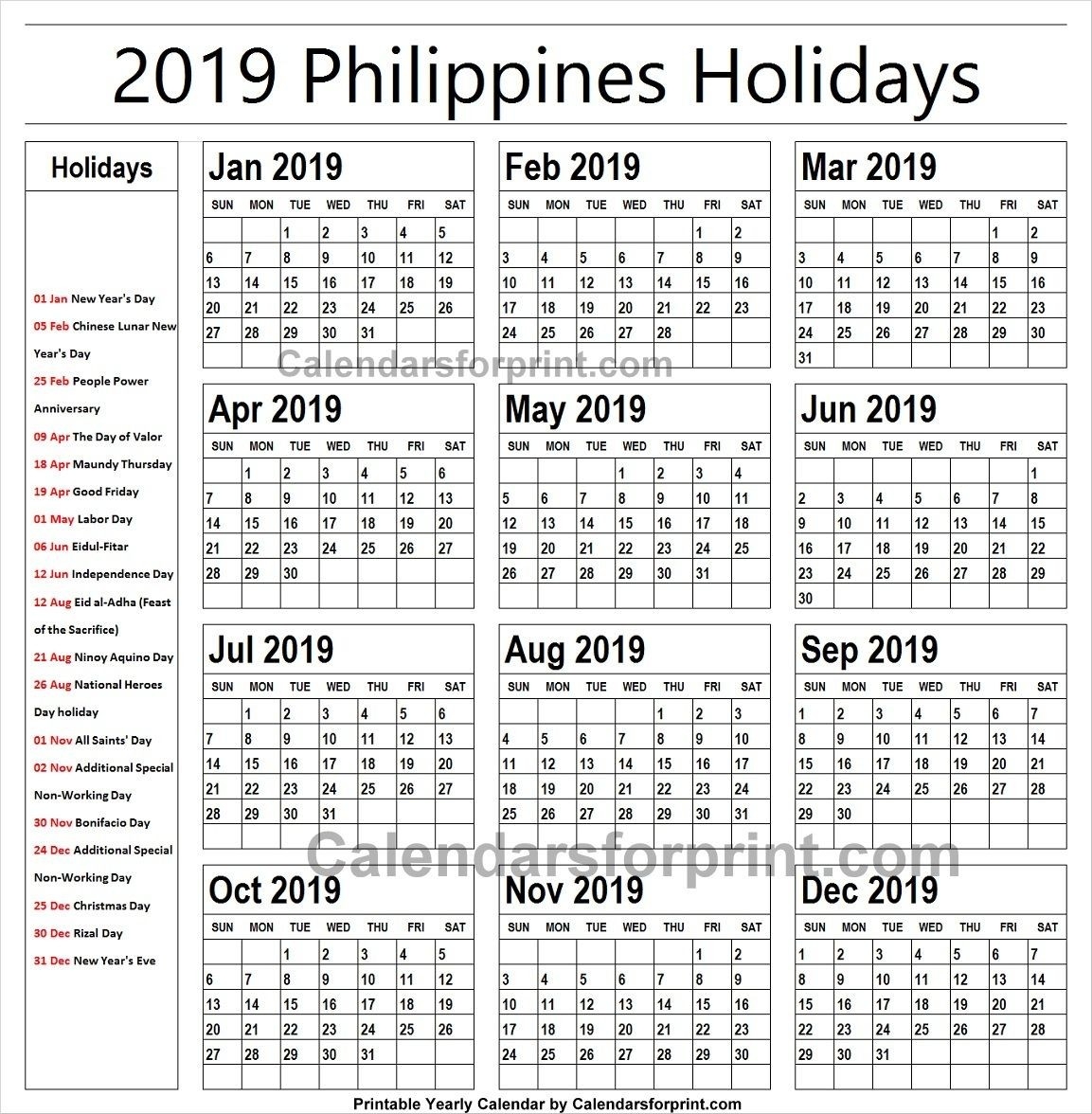 2019 Calendar With Holidays Philippines Printable | Holidays-Printable List Of National Holidays