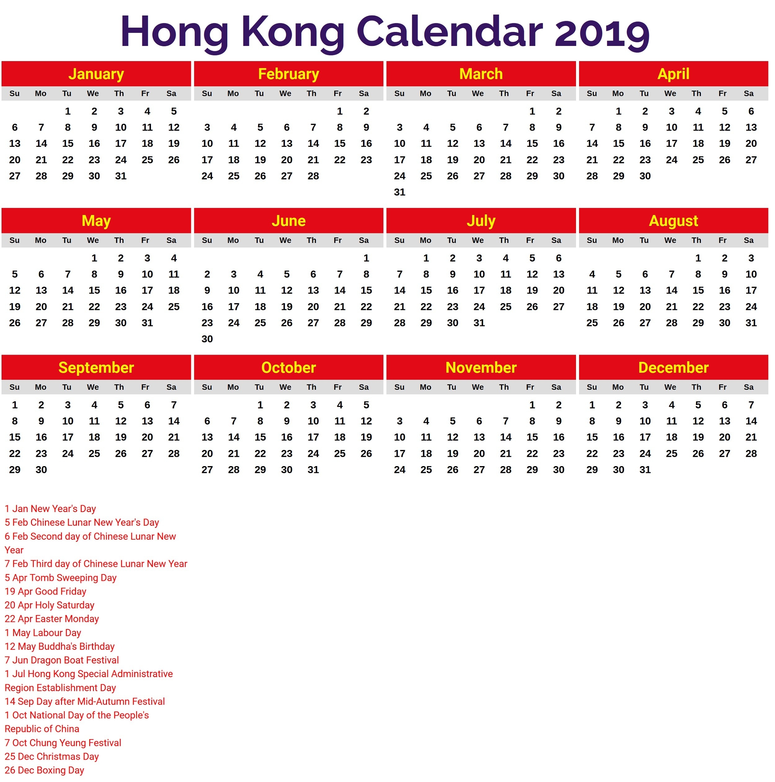 2019 Calendar With Holidays Printable | Calendar Shelter-January 2020 Calendar Hong Kong