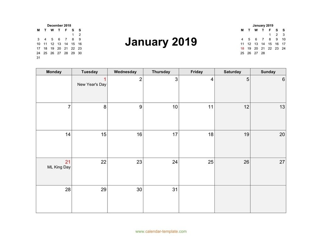 2019 Calendar With Previous And Next Month (Top)-Free Printable Monthly Calendars Monday Start