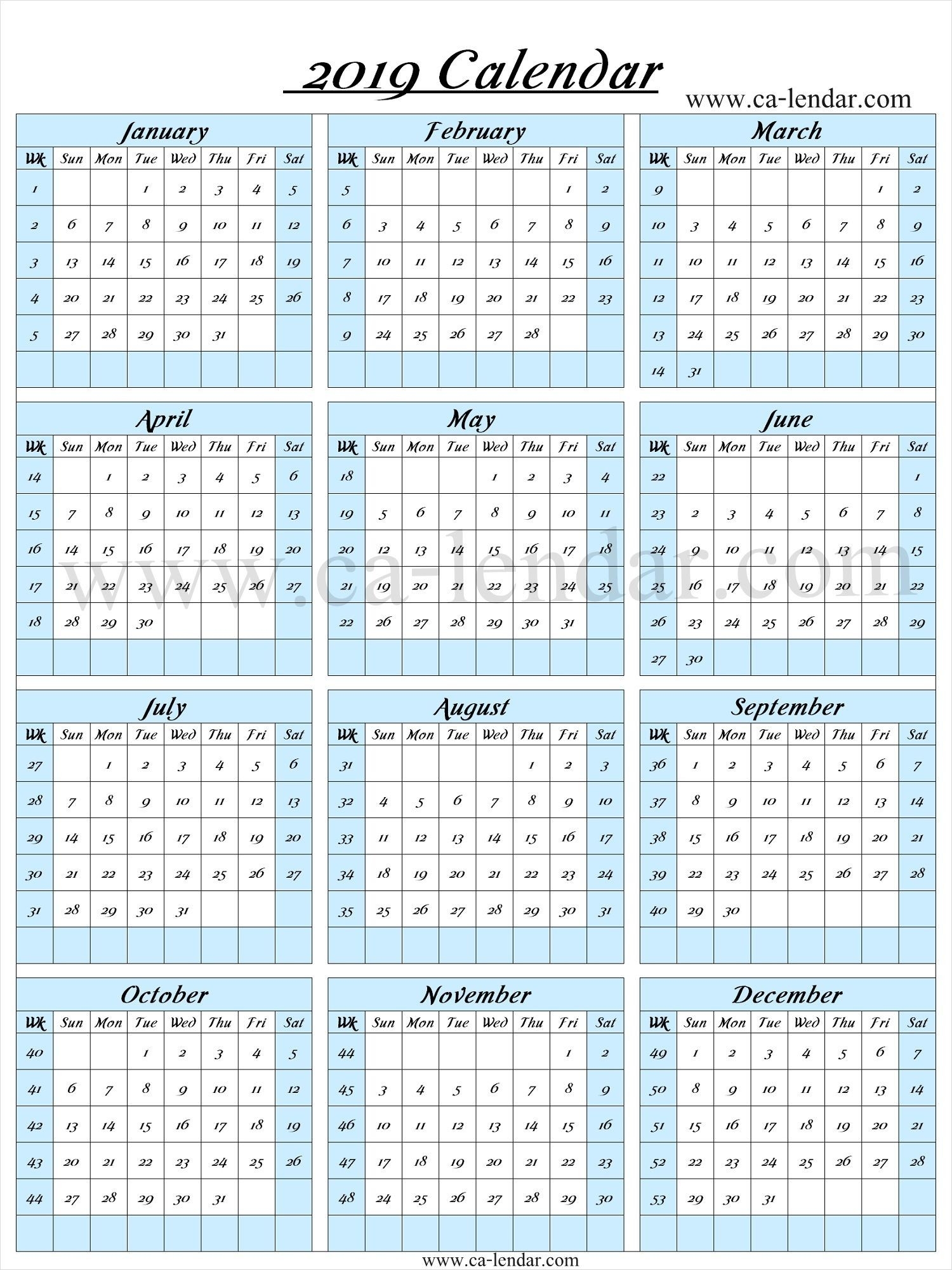 2019 Calendar With Week Numbers | 2019 Calendar Template-Blank Calendar With Week Numbers