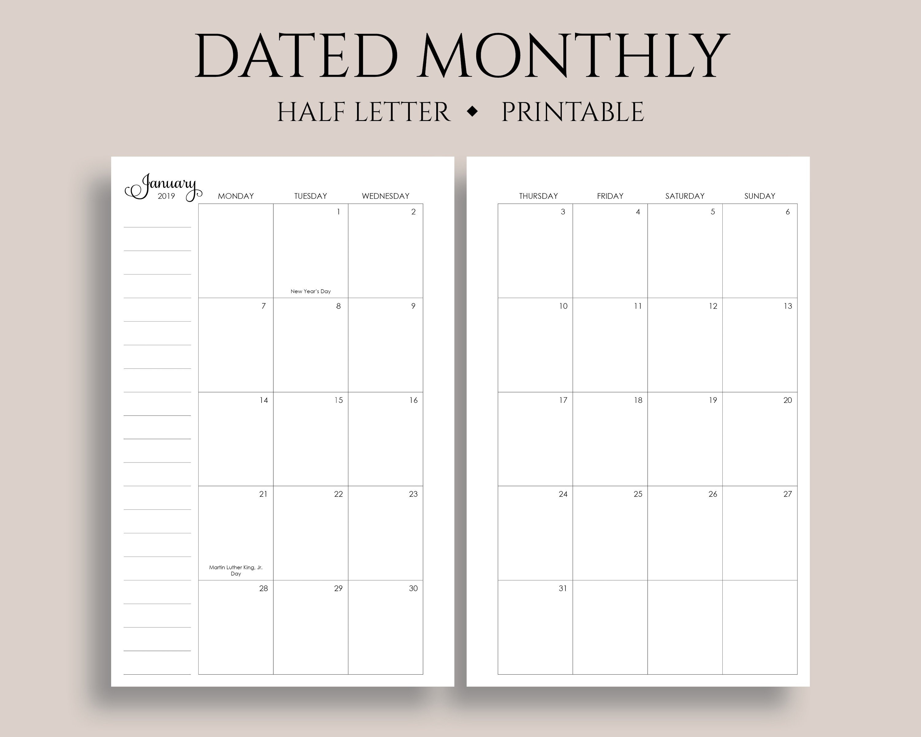 2019 Dated Monthly Calendar Printable Planner Inserts Monday-Printable 5.5 X 8.5 Monthly Calendar