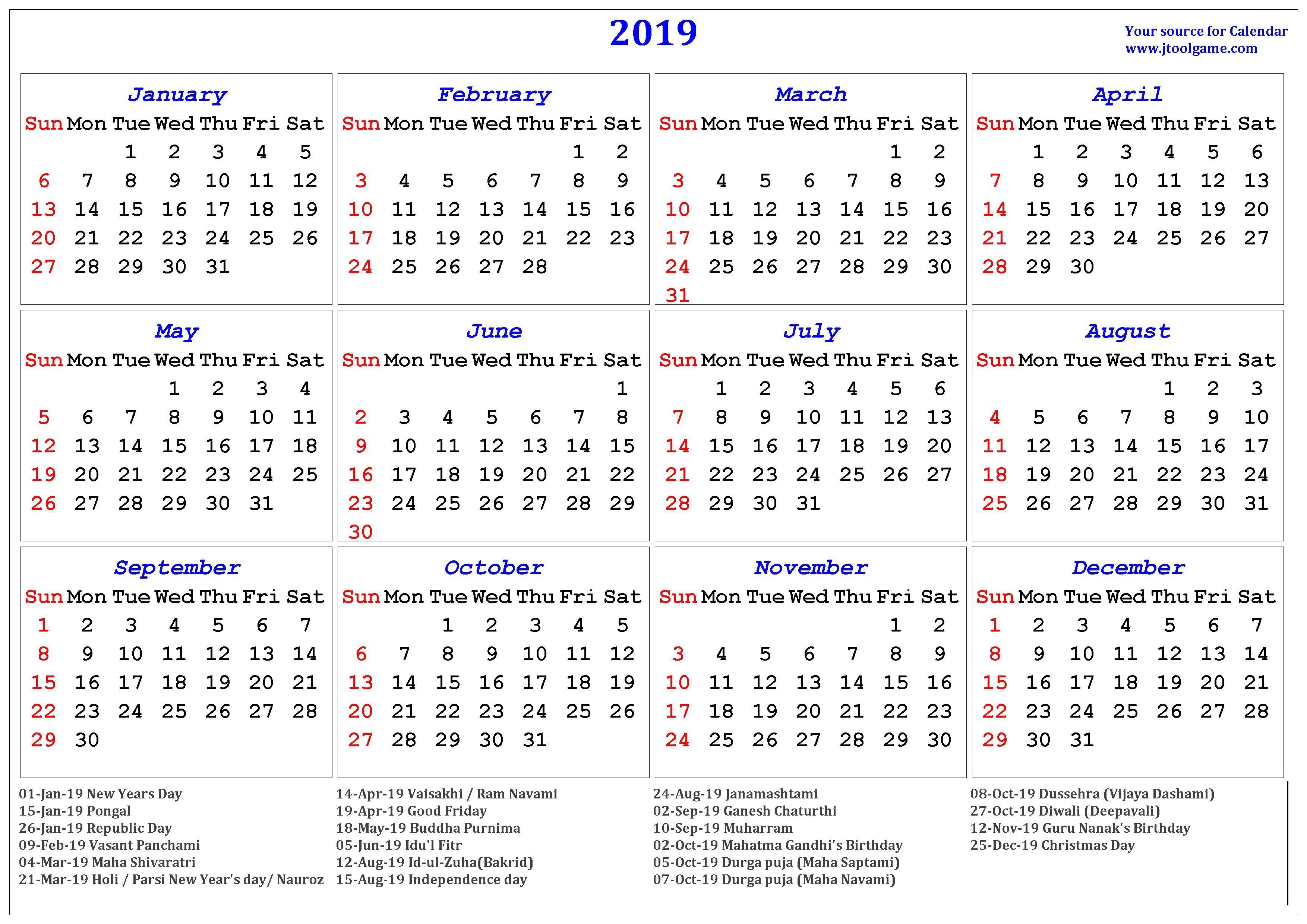 2019 Hindu Calendar With Tithi | Tyohar, Holidays, Festivals-January 2020 Calendar Hindu