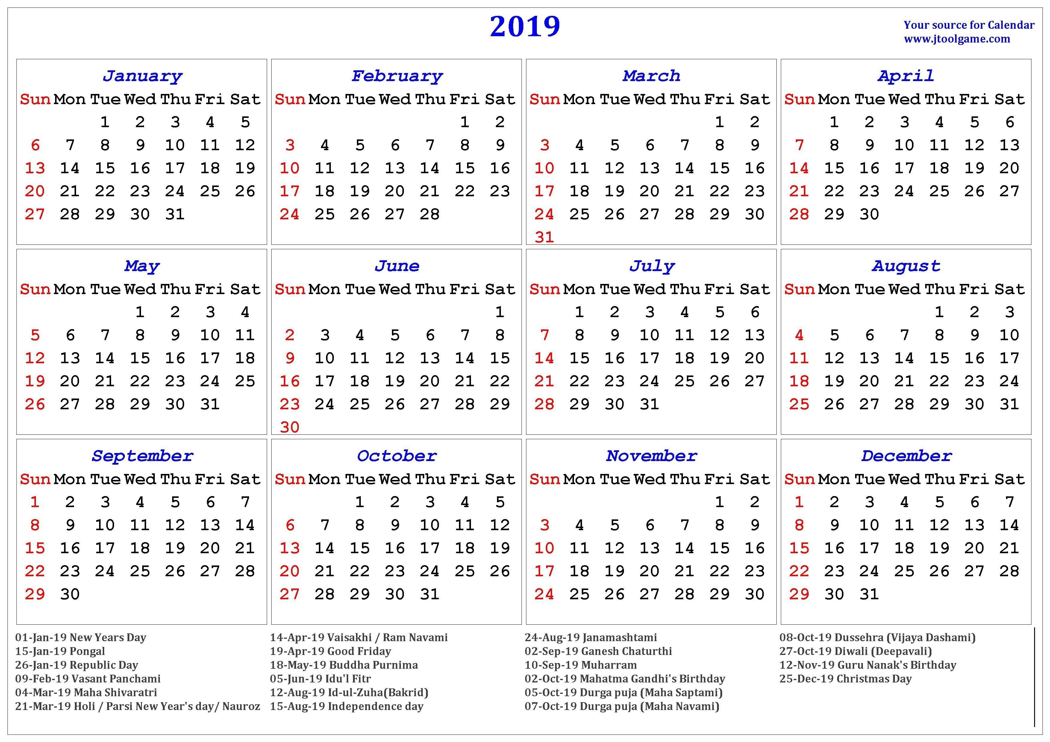 2019 Hindu Calendar With Tithi | Tyohar, Holidays, Festivals-January 2020 Calendar Tithi