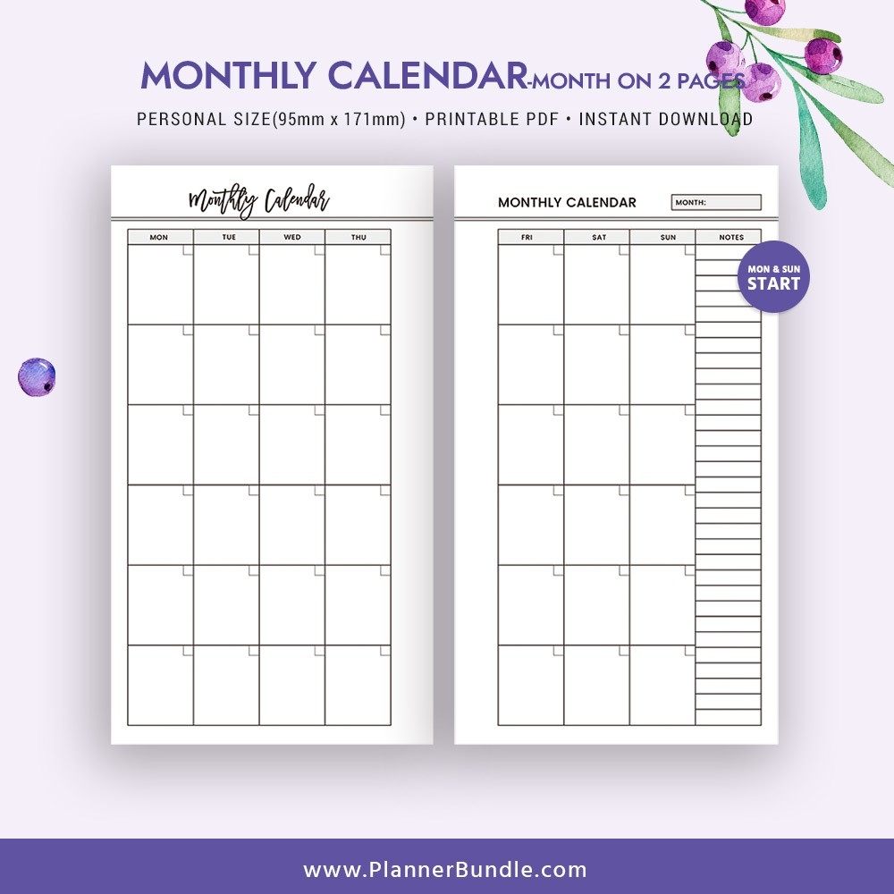 2019 Monthly Calendar, Month On 2 Pages, 2019 Printable Page, Personal  Size, Refill, Filofax Personal, Instant Download, Planner Pages, Planner-2 Page Monthly Planner Printable