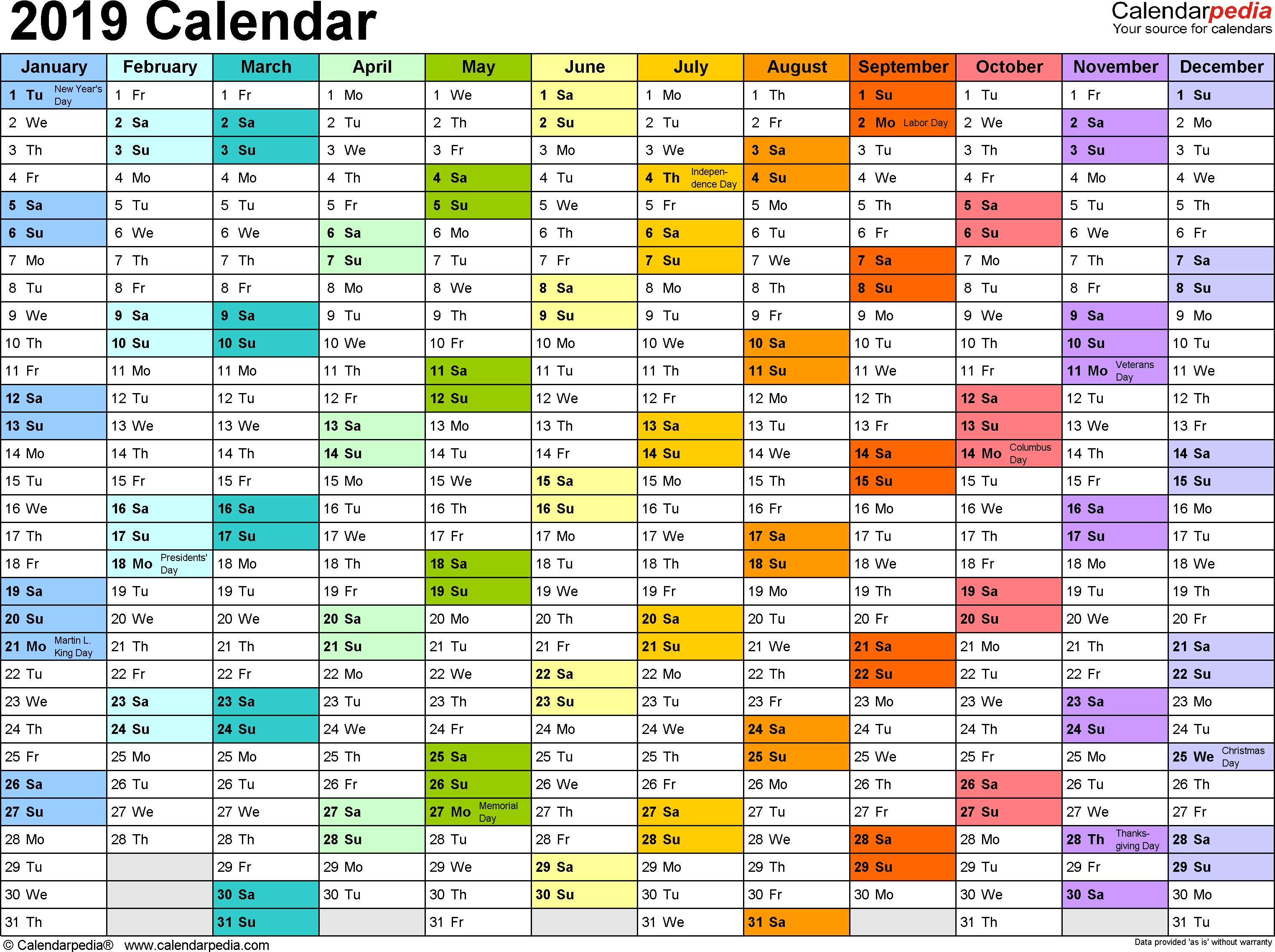 2019 Monthly Calendar Template Excel-Vacation Calendar Template Free