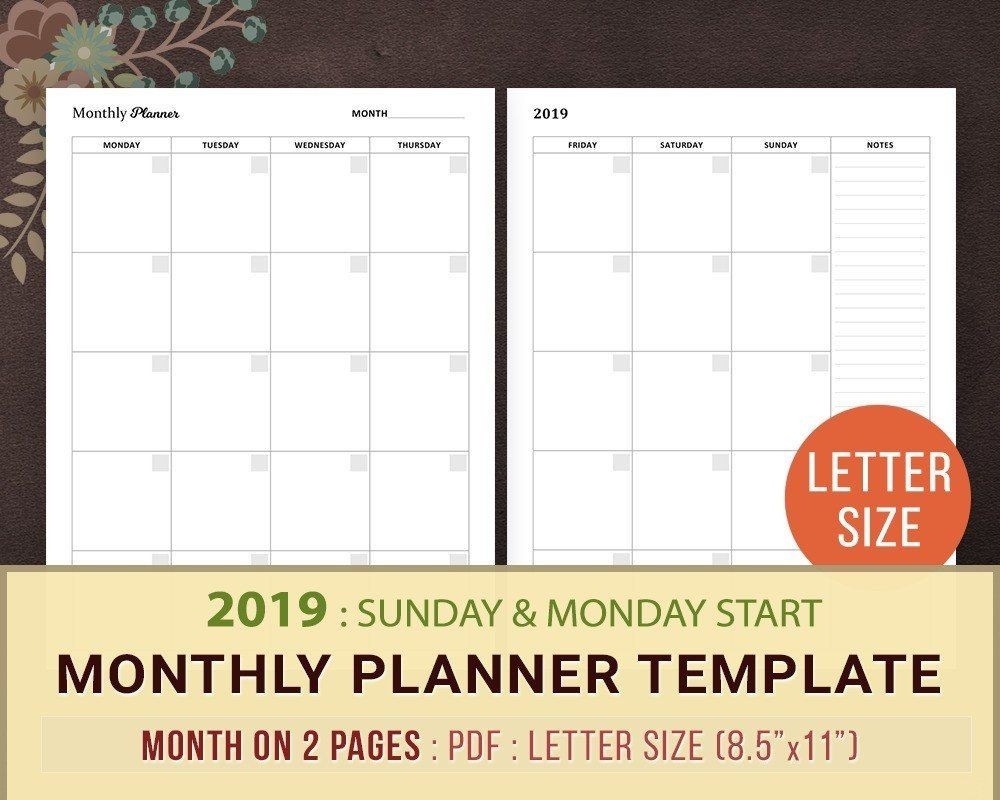 2019 Monthly Planner Pages, Monthly Planner Printable-2 Page Monthly Planner Template