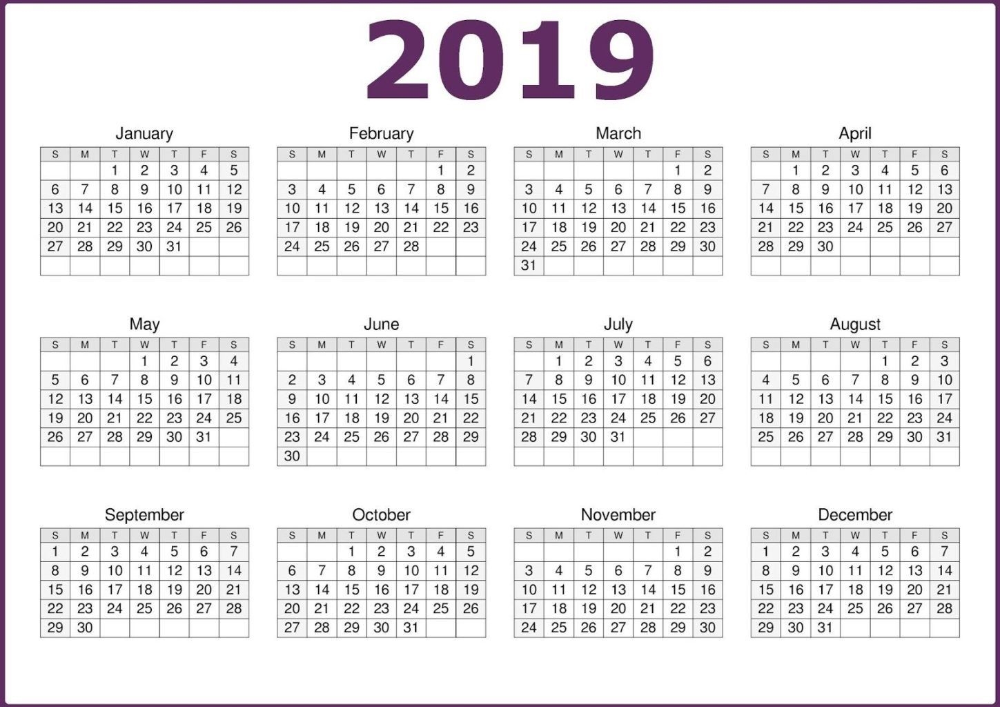 2019 One Page Calendar Printable | 2019 Calendars | 12 Month-Blank Calendar 4 Months One Page