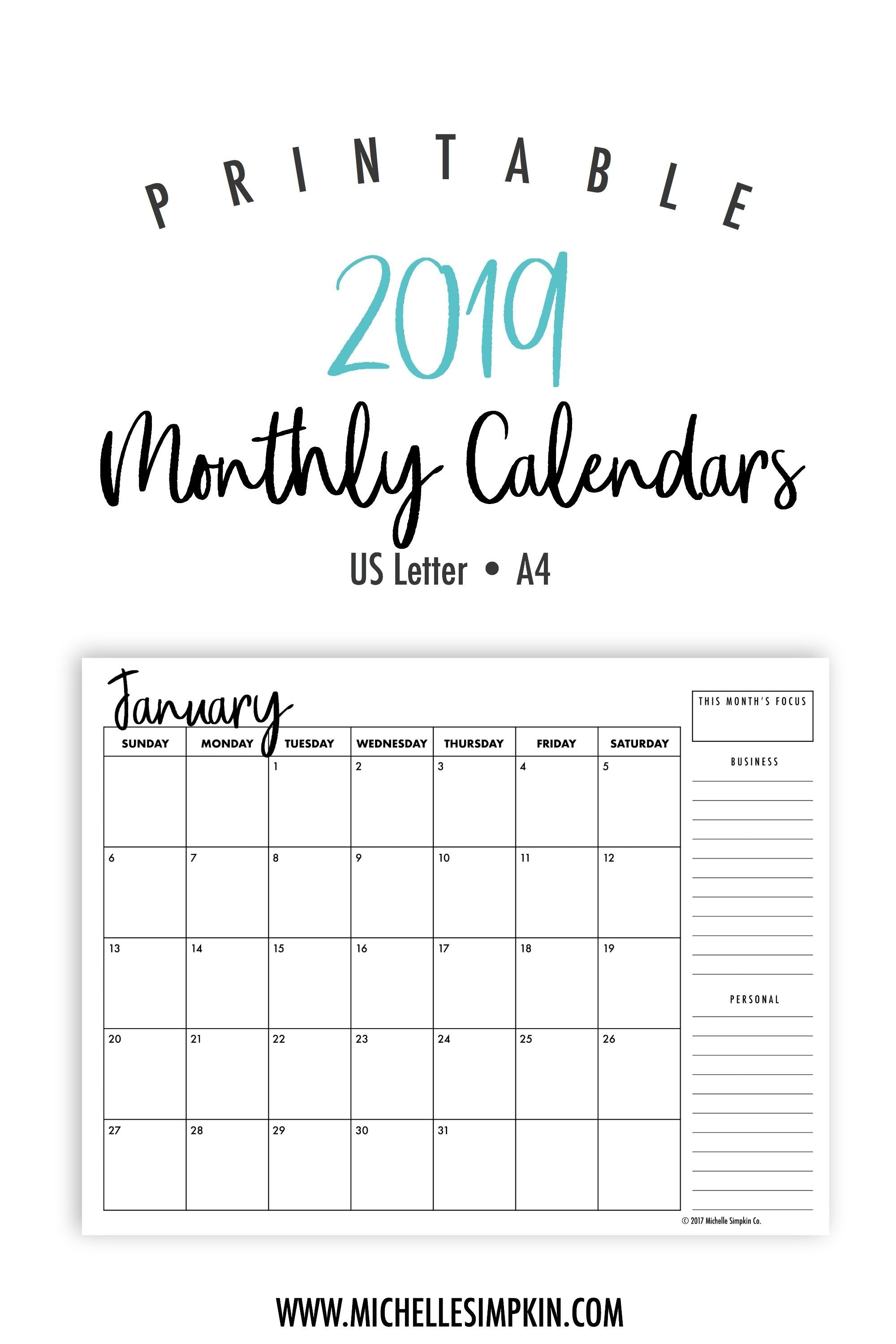 2019 Printable Monthly Calendars • Landscape • Us Letter-Free Printable Monthly 2020 Bill Planner
