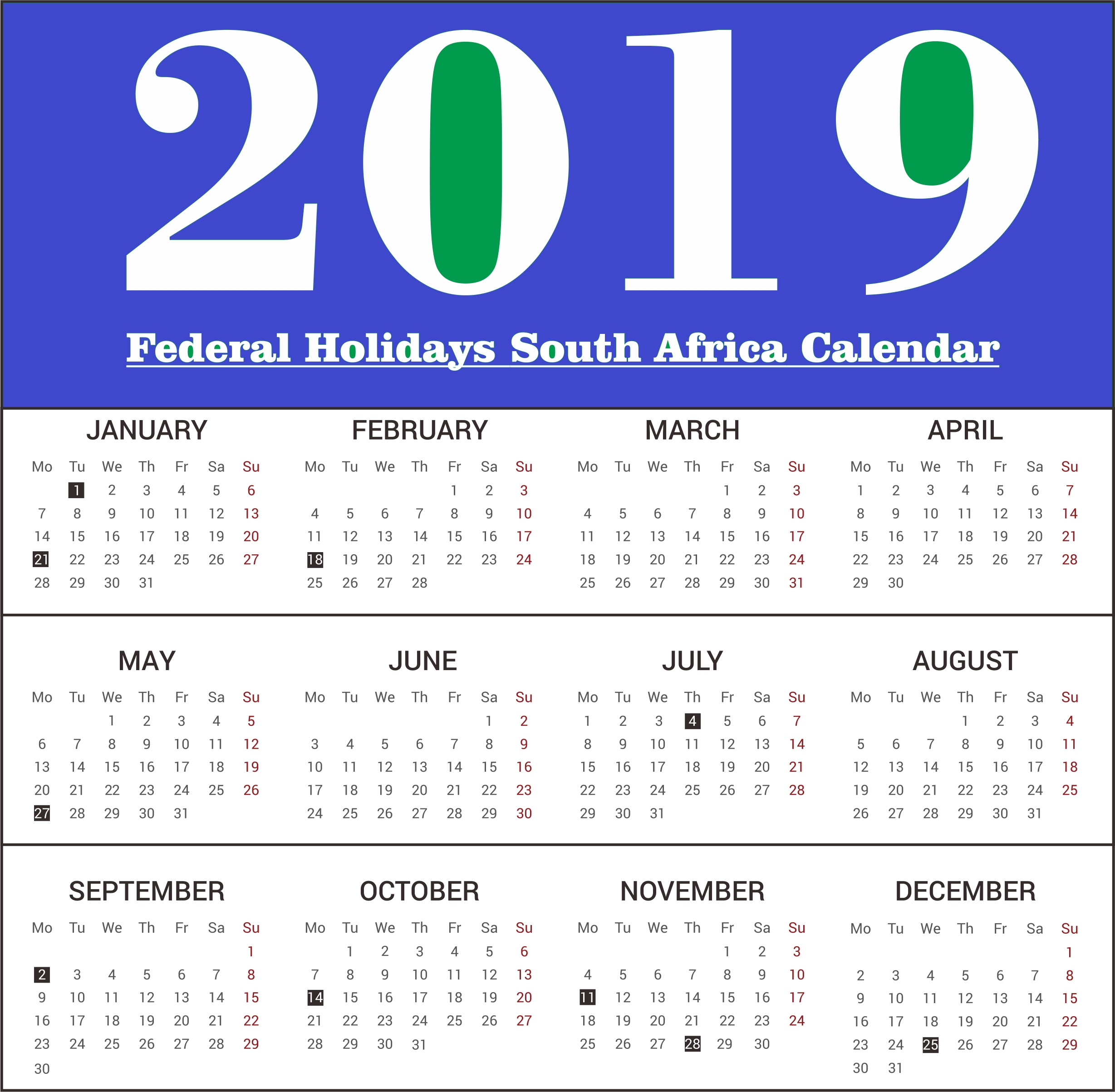 2019 South Africa Federal Holidays Calendar #southafrica-Holidays In South Africa