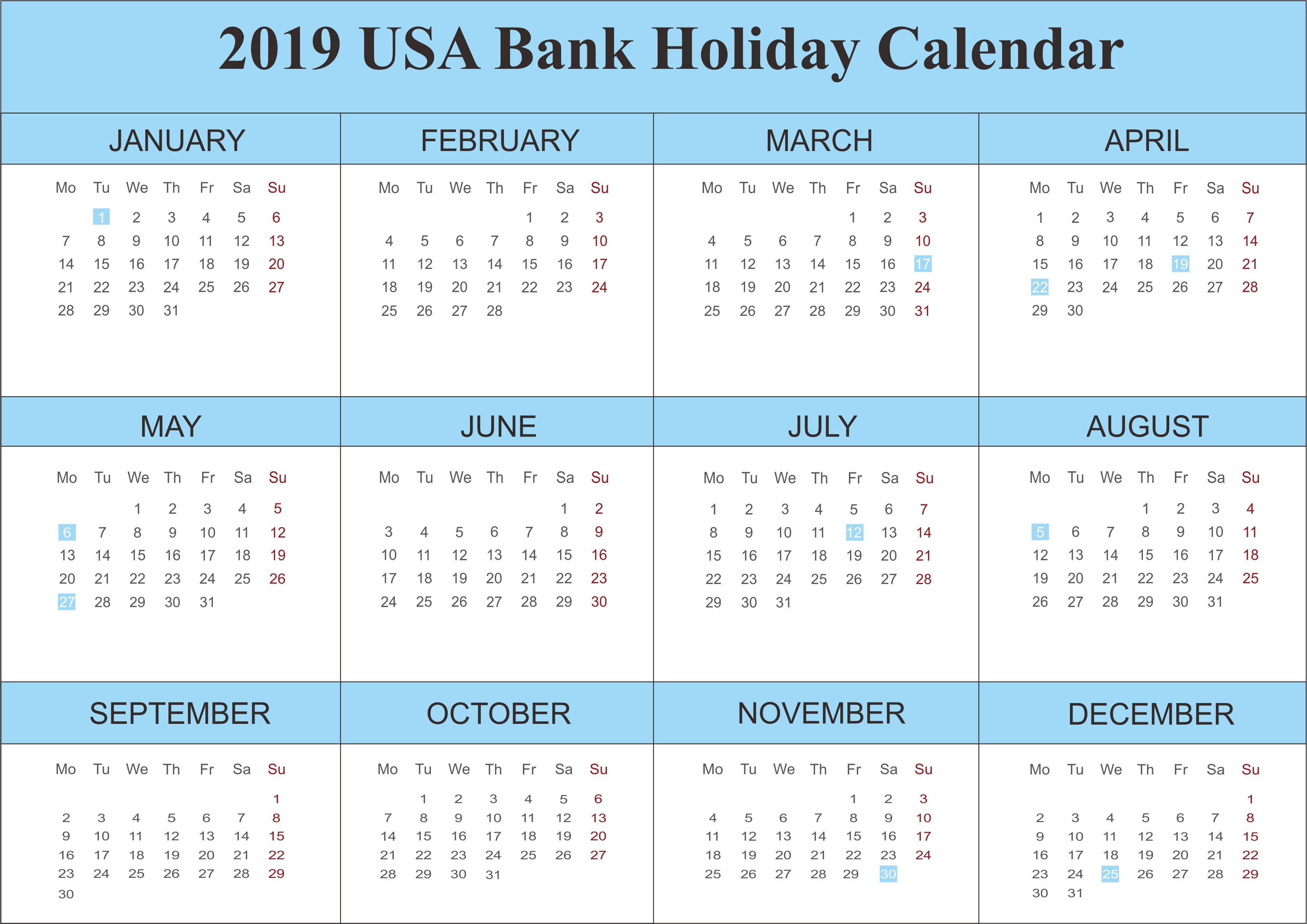 2019 Usa Bank Holidays Calendar | 250+ Free Monthly Calendar-Six Monthly New Zealand Calendars